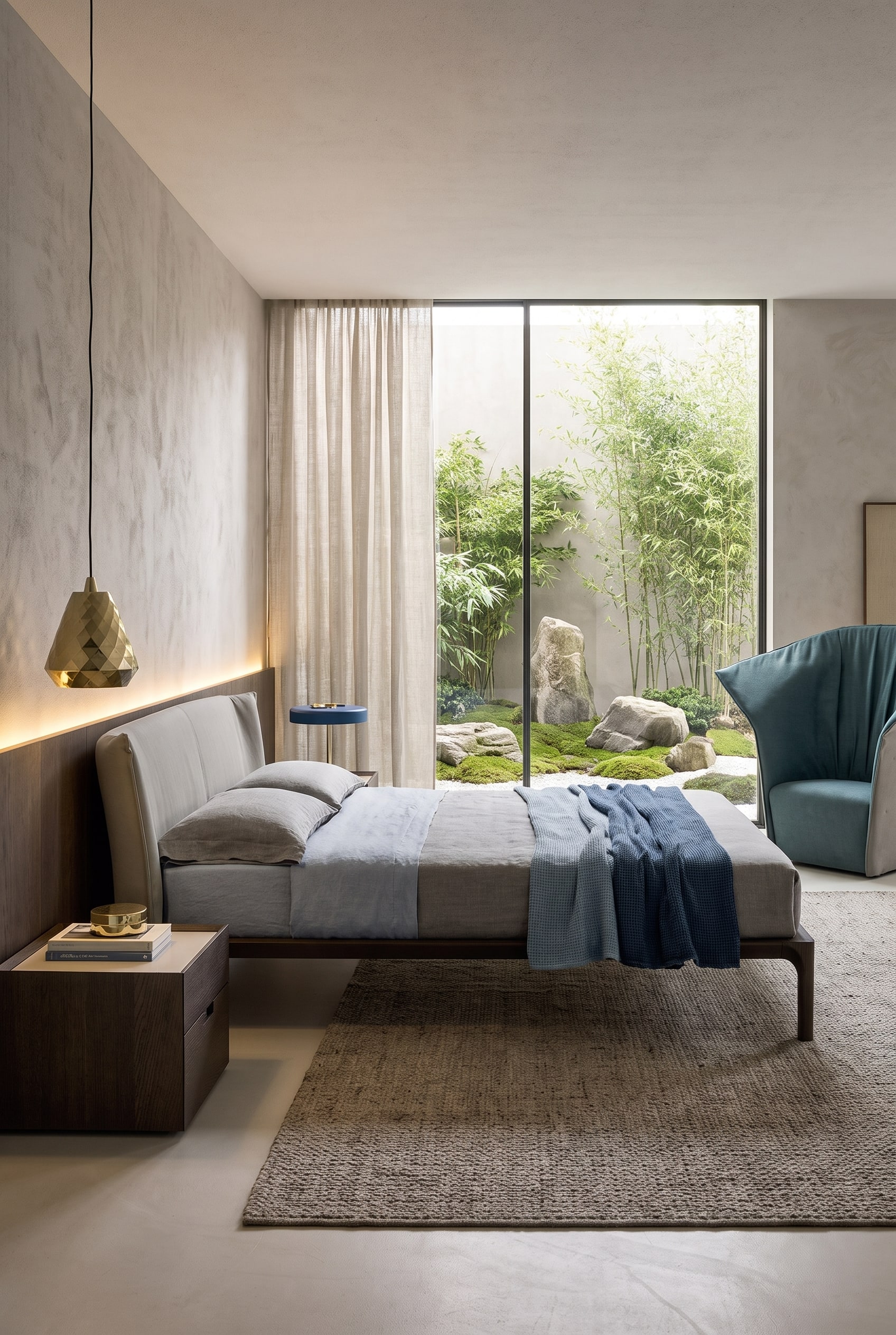 Chambre &eacute;l&eacute;gante avec un grand lit rembourr&eacute; en tissu, une table de chevet en bois assortie et un am&eacute;nagement apaisant ton sur ton