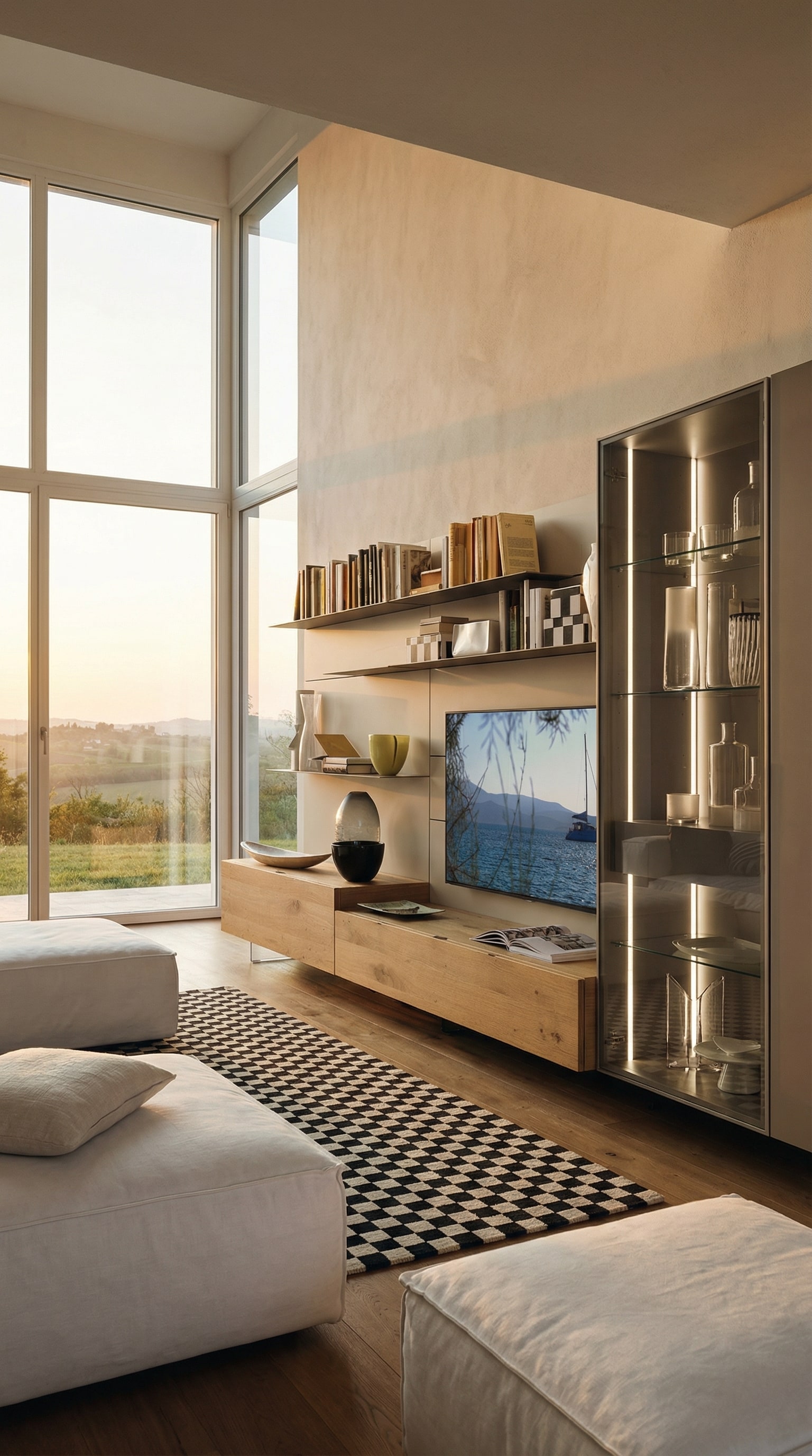 Beleuchtete Rauchglas Vitrine integriert in moderne Wohnwand