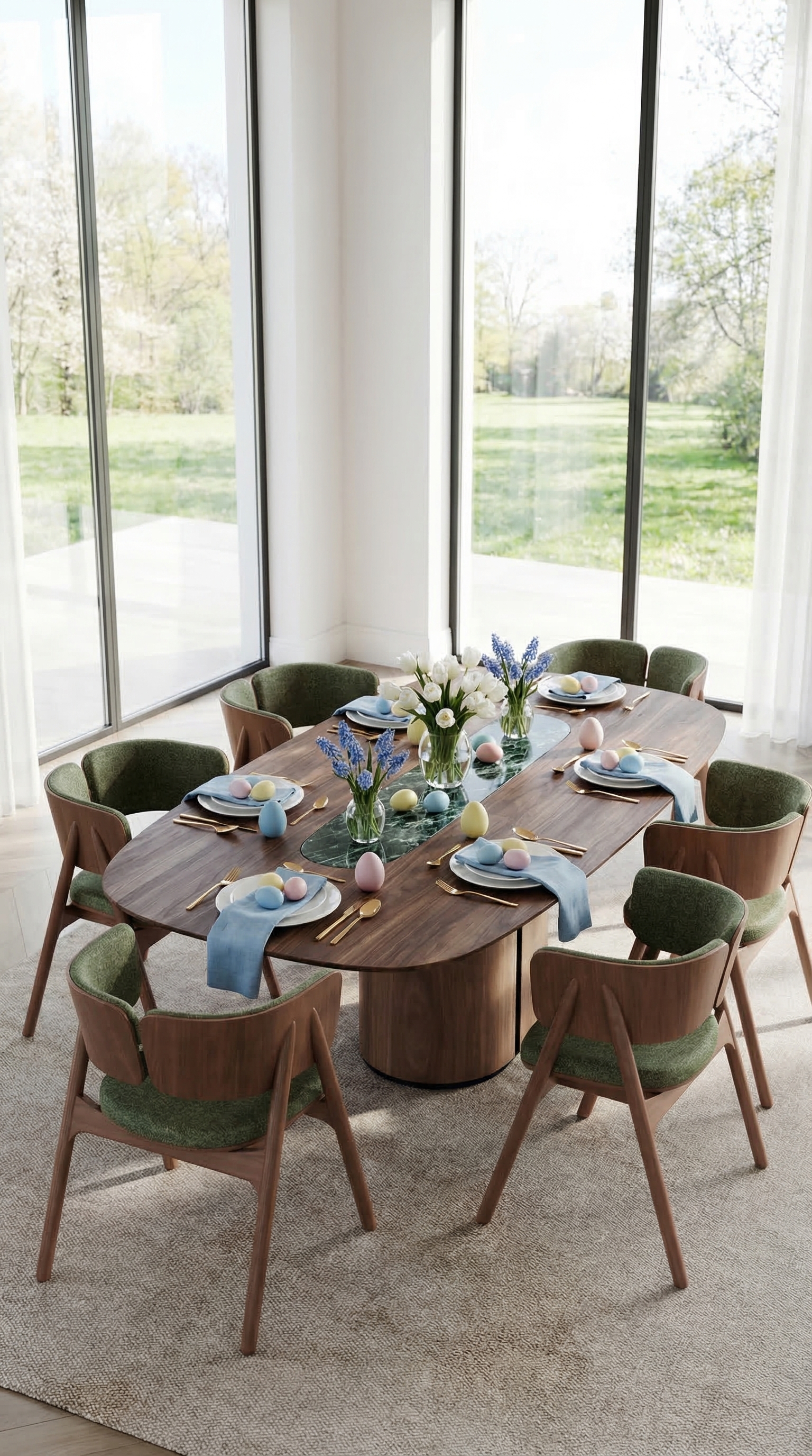 Une table à manger élégamment dressée en noyer foncé avec une décoration de Pâques aux couleurs pastel douces, de la porcelaine claire et des fleurs printanières fraîches. Une table à manger élégamment dressée en noyer foncé avec une décoration de Pâques aux couleurs pastel douces, de la porcelaine claire et des fleurs printanières fraîches.