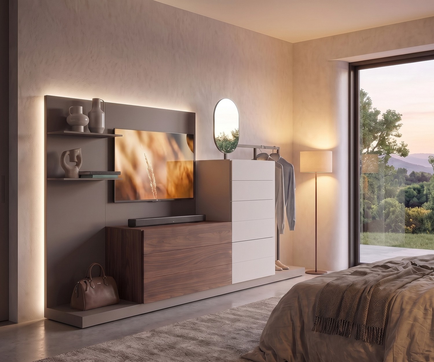 Livitalia EASY TV Podest und Sockelbank als moderne Basis für Kommode und TV-Wand mit LED-Beleuchtung im Schlafzimmer.