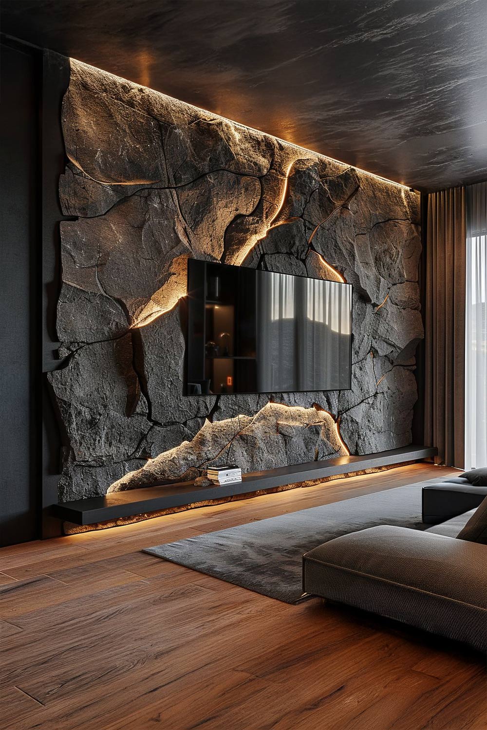 Salon moderne avec mur en pierre et panneau mural plat TV avec &eacute;clairage
