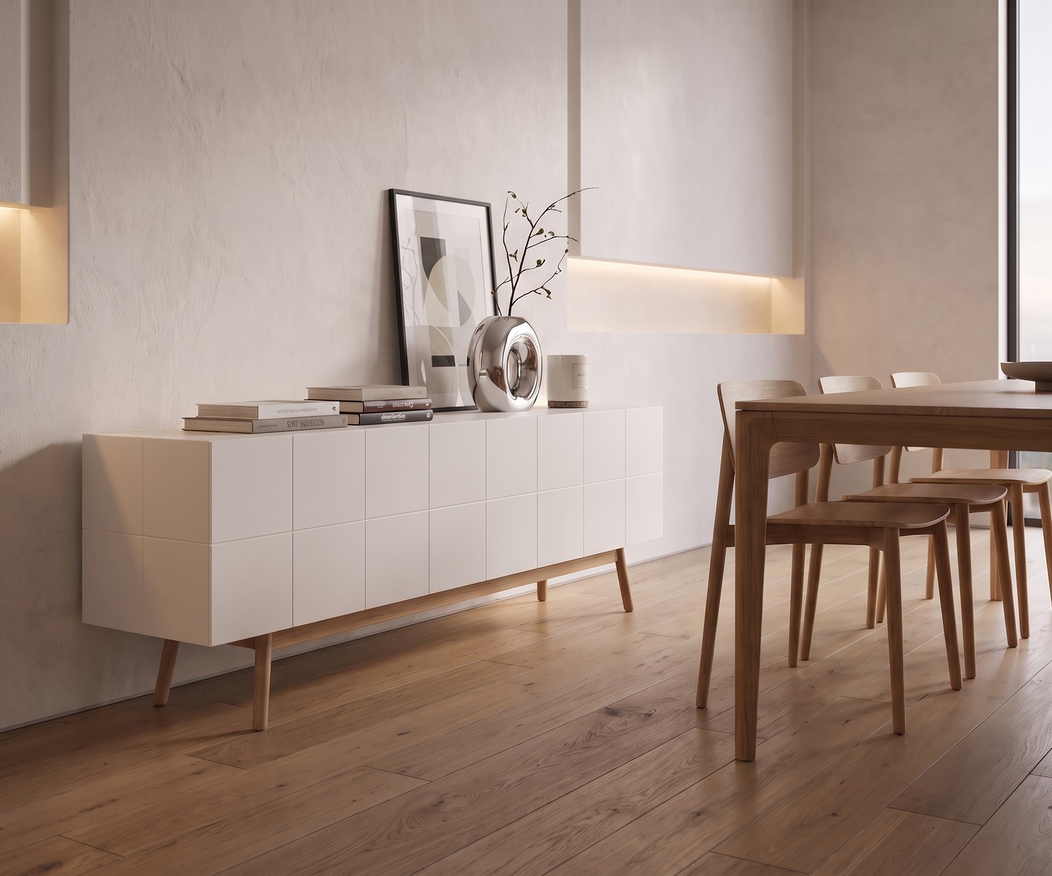 al2 Designer Sideboard MOS-I-KO 003 B in Weiß al2 Sideboard MOS-I-KO 003 B für das Esszimmer, weiß matt lackiert mit Holzbeinen im modernen, minimalistischen Stil.