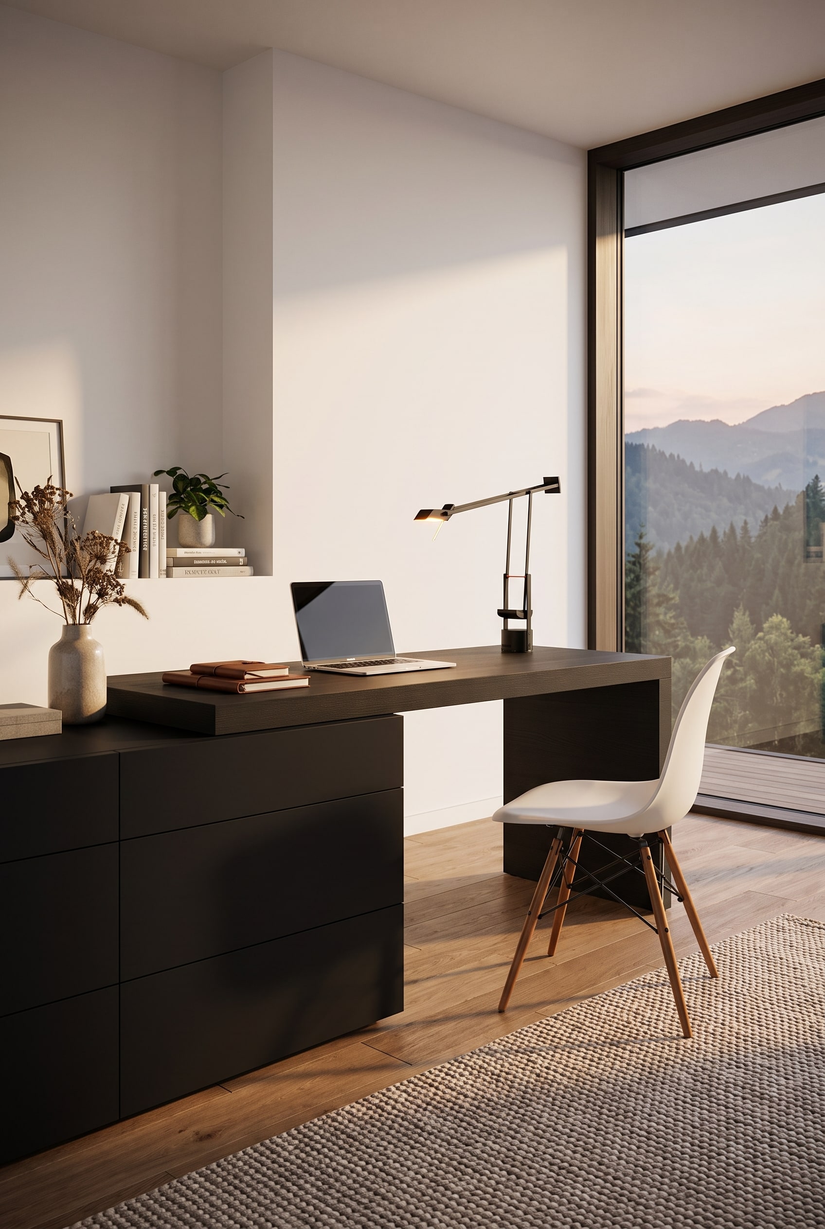 Matt-schwarze Kommode mit integriertem Schreibtisch im aufgeräumten Home Office vor heller Wand