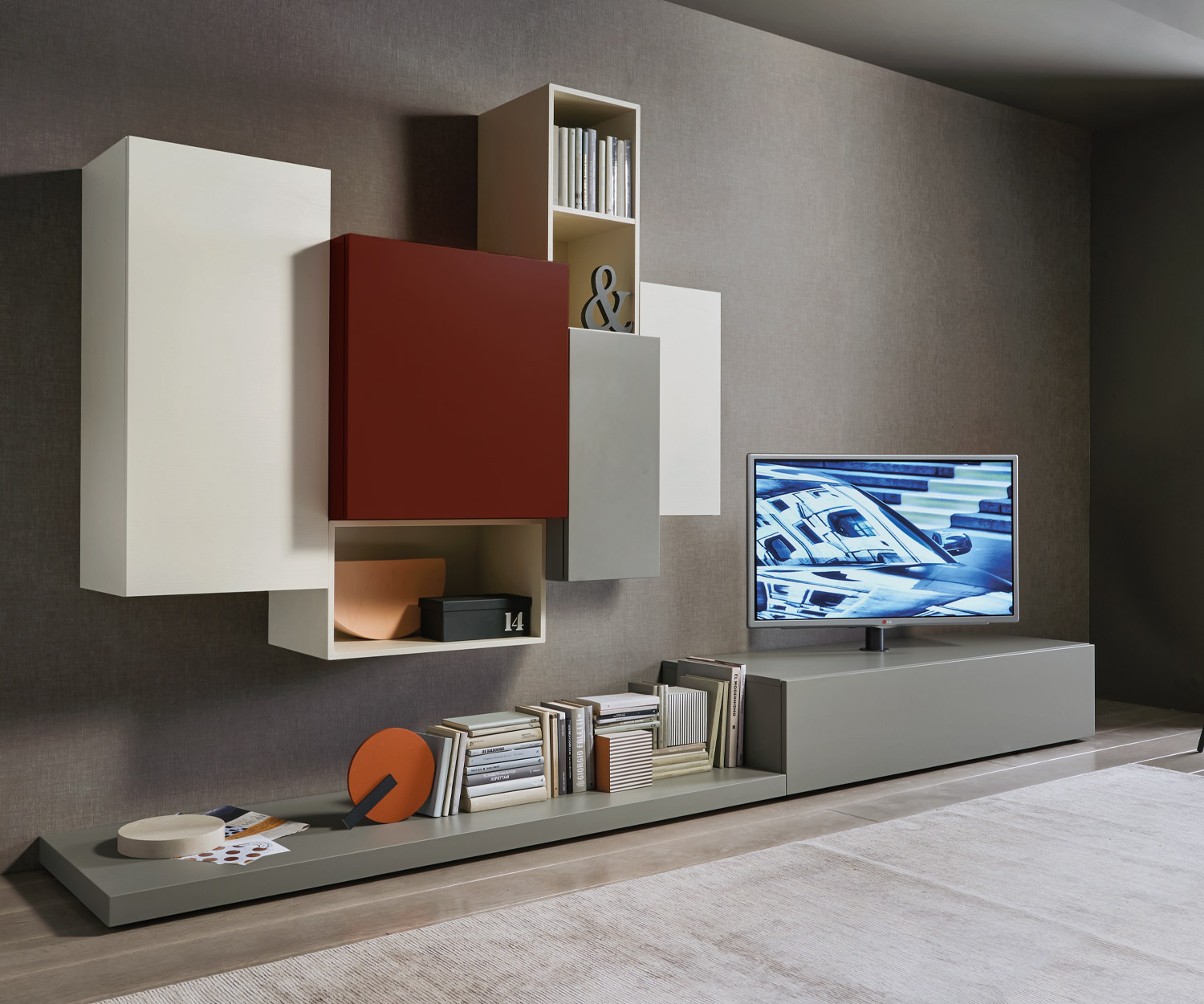 Minimalistische Designer Wohnwand C49 mit Hängeschränken und Design Lowboard plus TV Halterung Minimalistische Designer Wohnwand C49 mit Hängeschränken und Design Lowboard plus TV Halterung
