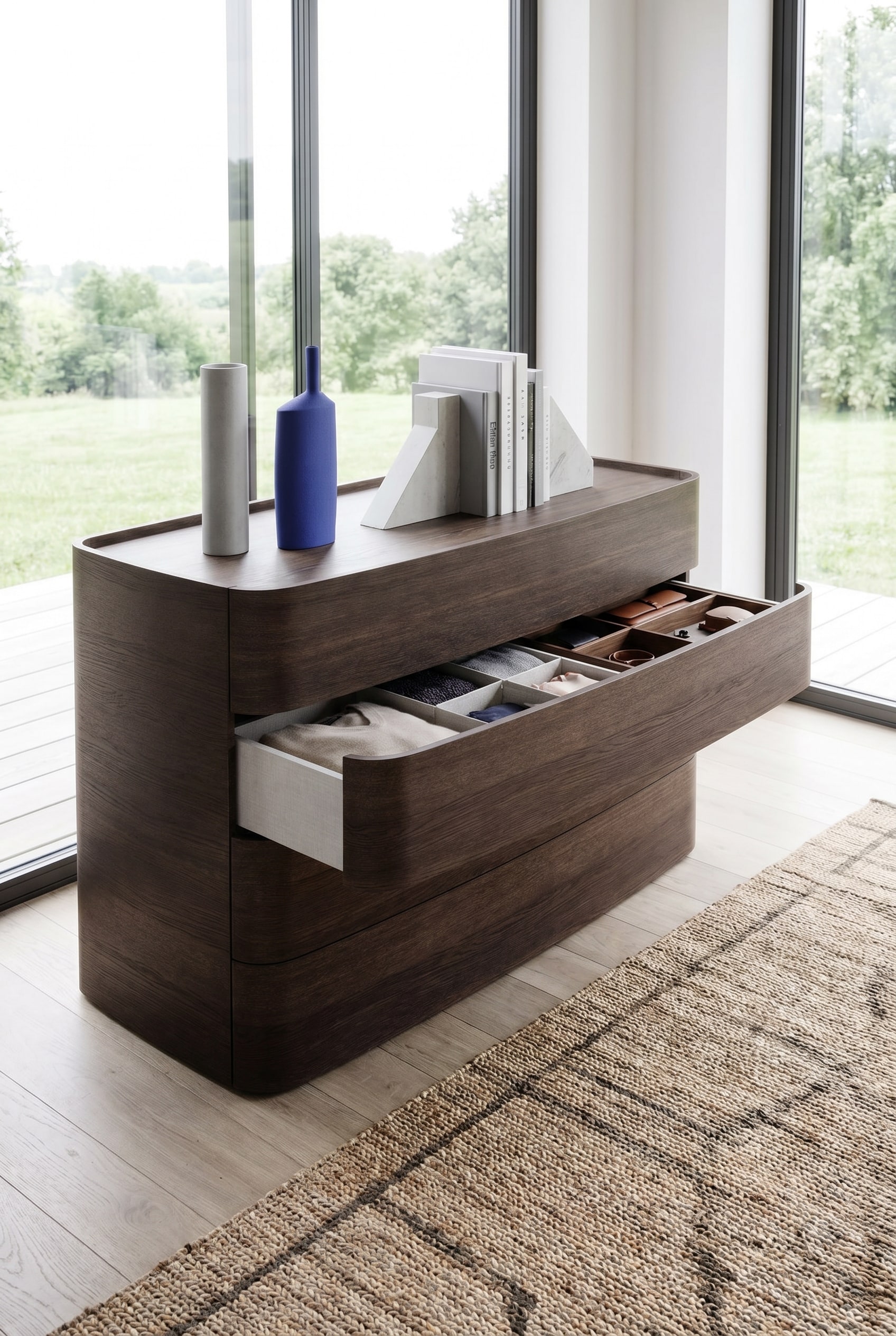 Dressing &eacute;l&eacute;gant avec commode en bois arrondie &agrave; quatre tiroirs