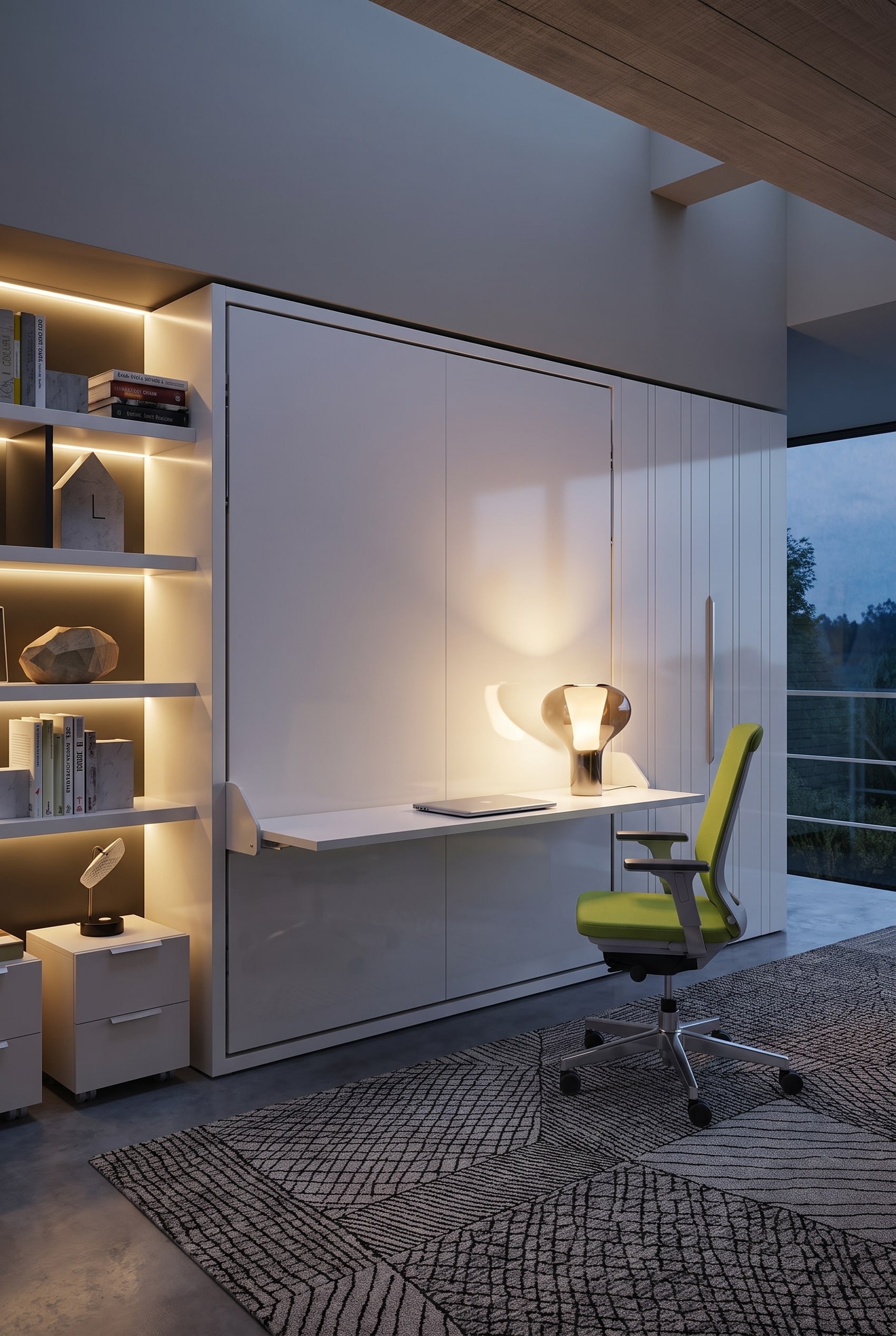 Modernes Home-Office im kompakten G&auml;stezimmer mit einer sanften Lichtinsel &uuml;ber einem eleganten Schrankbett samt integriertem Schreibtisch.