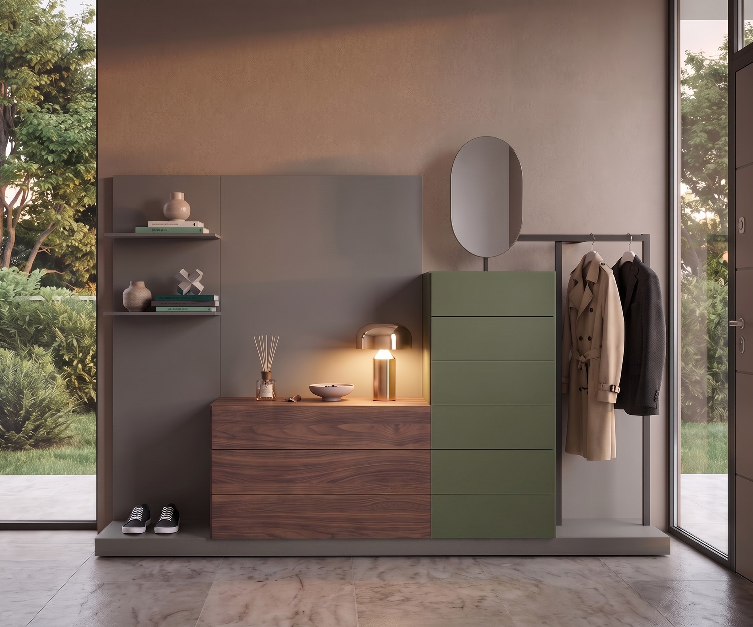 Flurgarderobe Novamobili Easy 9 Kommode mit Kleiderstange & Spiegel für den Flur in Holz und Olivgrün im modernen Design.