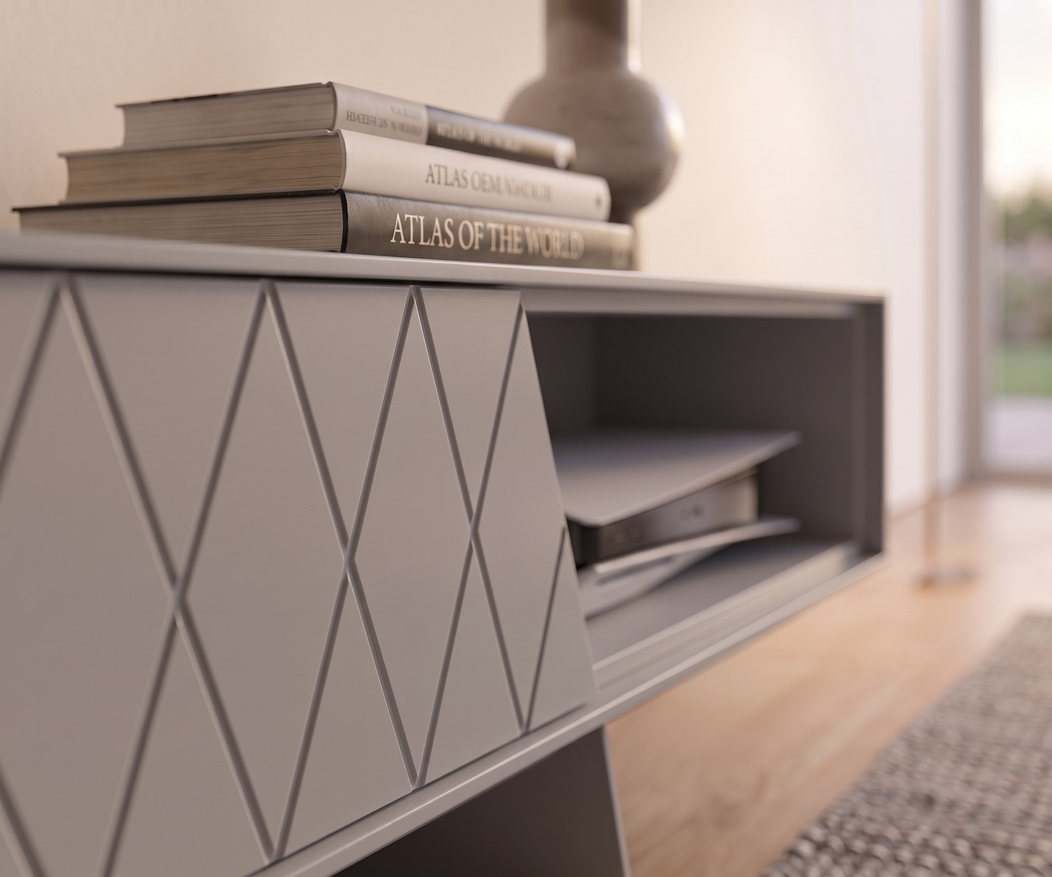 Meuble TV e-klipse 008 al2 avec motif losange Meuble TV bas e-klipse 008 par al2 dans un salon. Buffet bas moderne gris à motif losange avec livres et console de jeux.