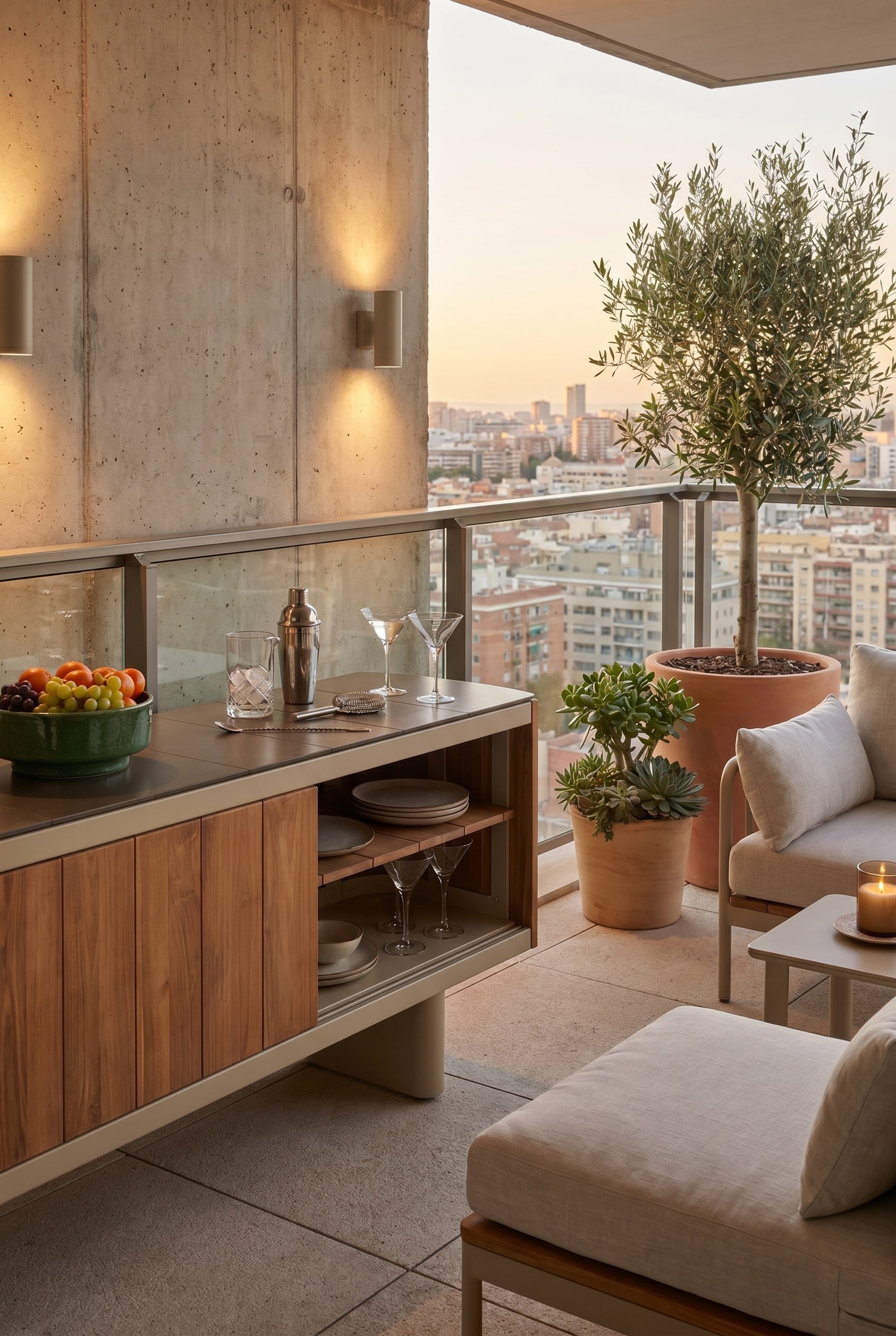 Hochwertiges Outdoor-Sideboard aus Teakholz mit dunkler Keramikplatte auf einem Stadtbalkon, darauf Cocktailgläser
