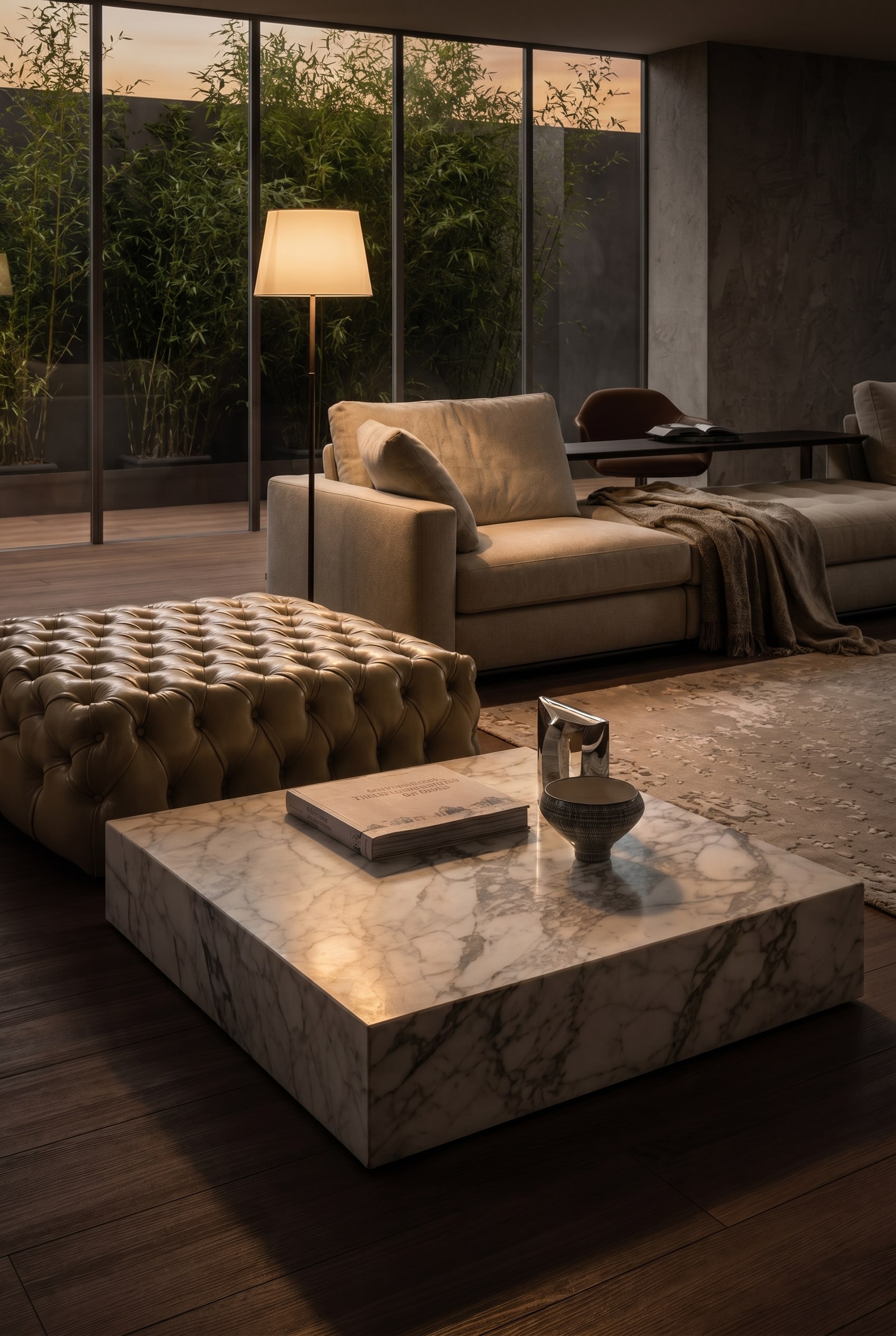 Marelli Couchtisch Thor en marbre clair, éclairée par une lumière rasante latérale chaude dans un salon Marelli Couchtisch Thor en marbre clair, éclairée par une lumière rasante latérale chaude dans un salon