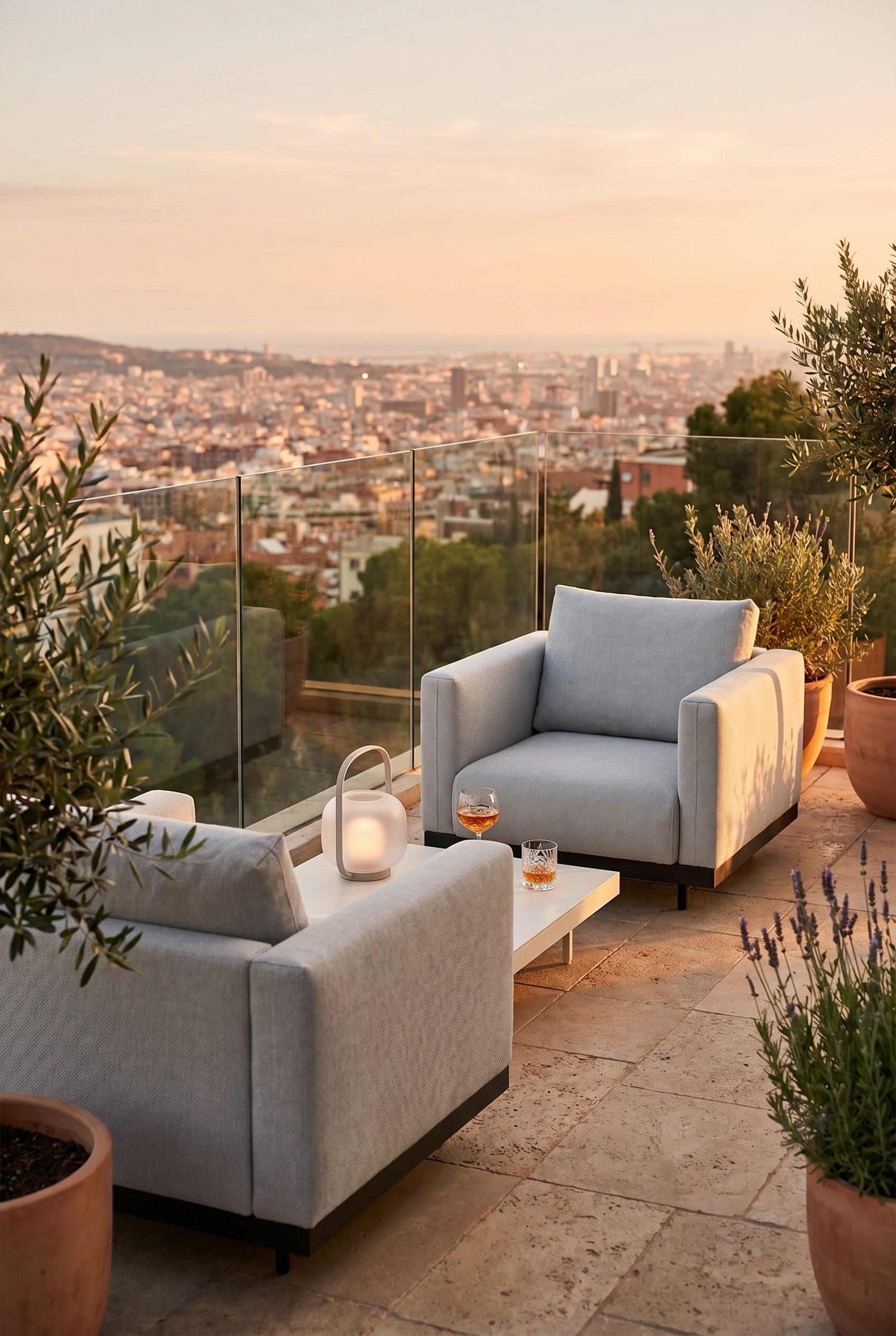 Balcon minimaliste avec fauteuil d'ext&eacute;rieur cubique et profond en gris clair devant un mur de pierre