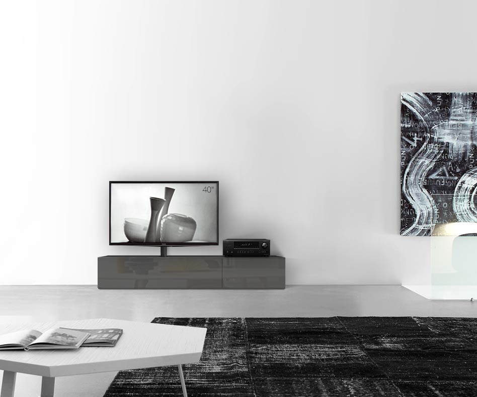 Table basse design Configurateur avec support TV au sol Largeur 180 33,5 45 gauche brillant gris foncé