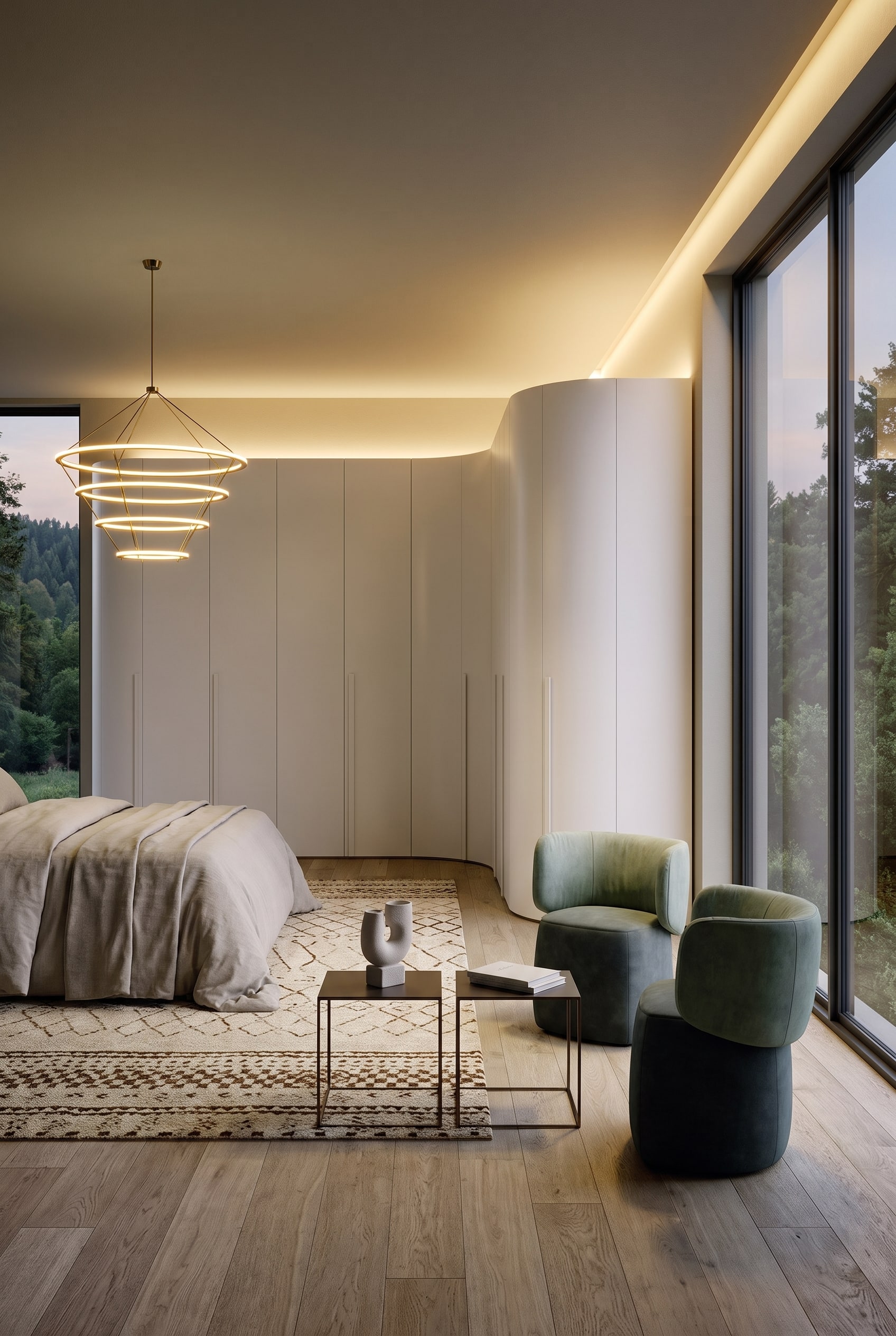 Chambre &eacute;l&eacute;gante avec une armoire blanc mat, pr&eacute;sentant une solution d'angle douce et courb&eacute;e sur le c&ocirc;t&eacute; droit, sur un parquet clair