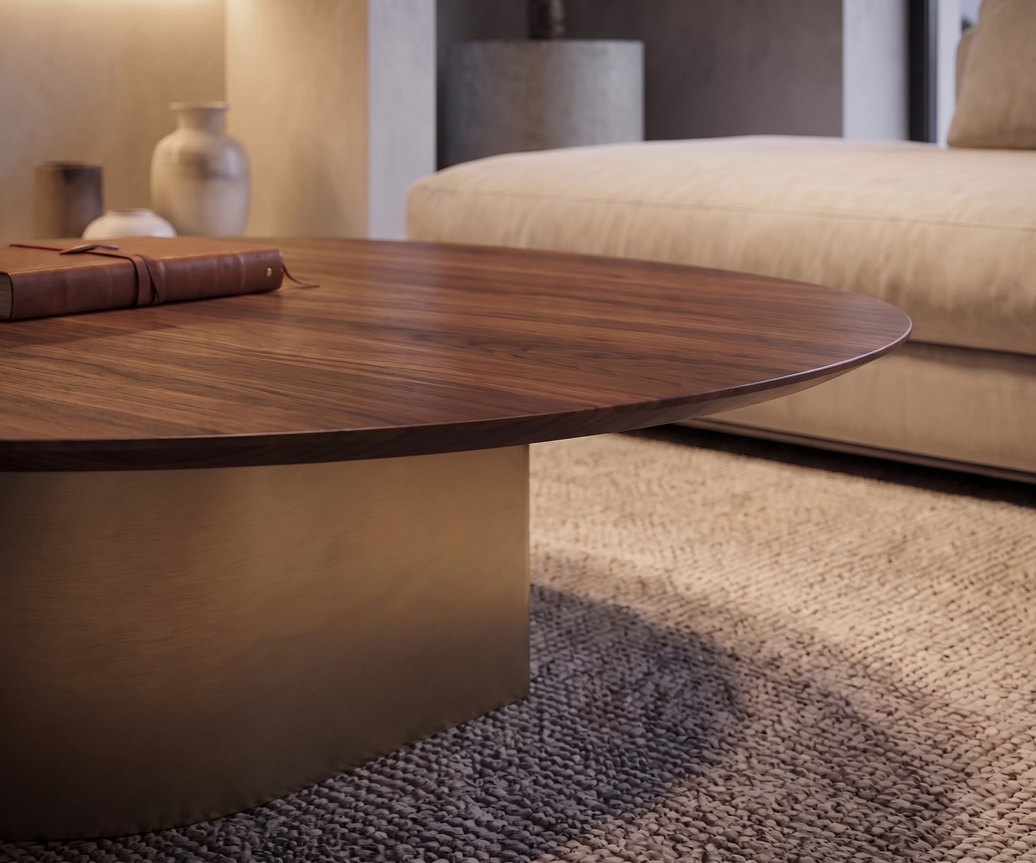 Table basse design al2 dakry 006 en bois Table basse al2 dakry 006 de salon avec plateau en placage bois foncé et piètement doré pour un style élégant.