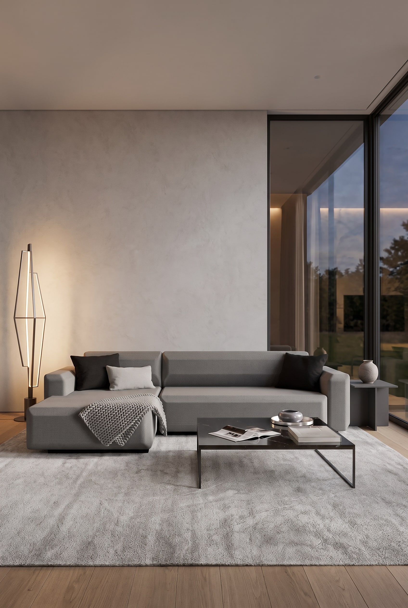 Salon &eacute;l&eacute;gant avec un canap&eacute;-lit gris d&eacute;grad&eacute;, un mur textur&eacute; et des coussins d&eacute;coratifs plus fonc&eacute;s