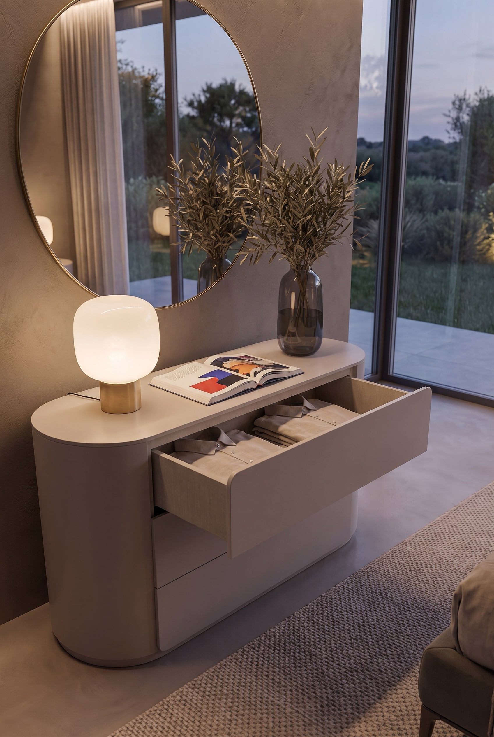 Tiroir ouvert de la commode Livitalia, montrant des chemises pli&eacute;es et l'int&eacute;rieur soigneusement fini.