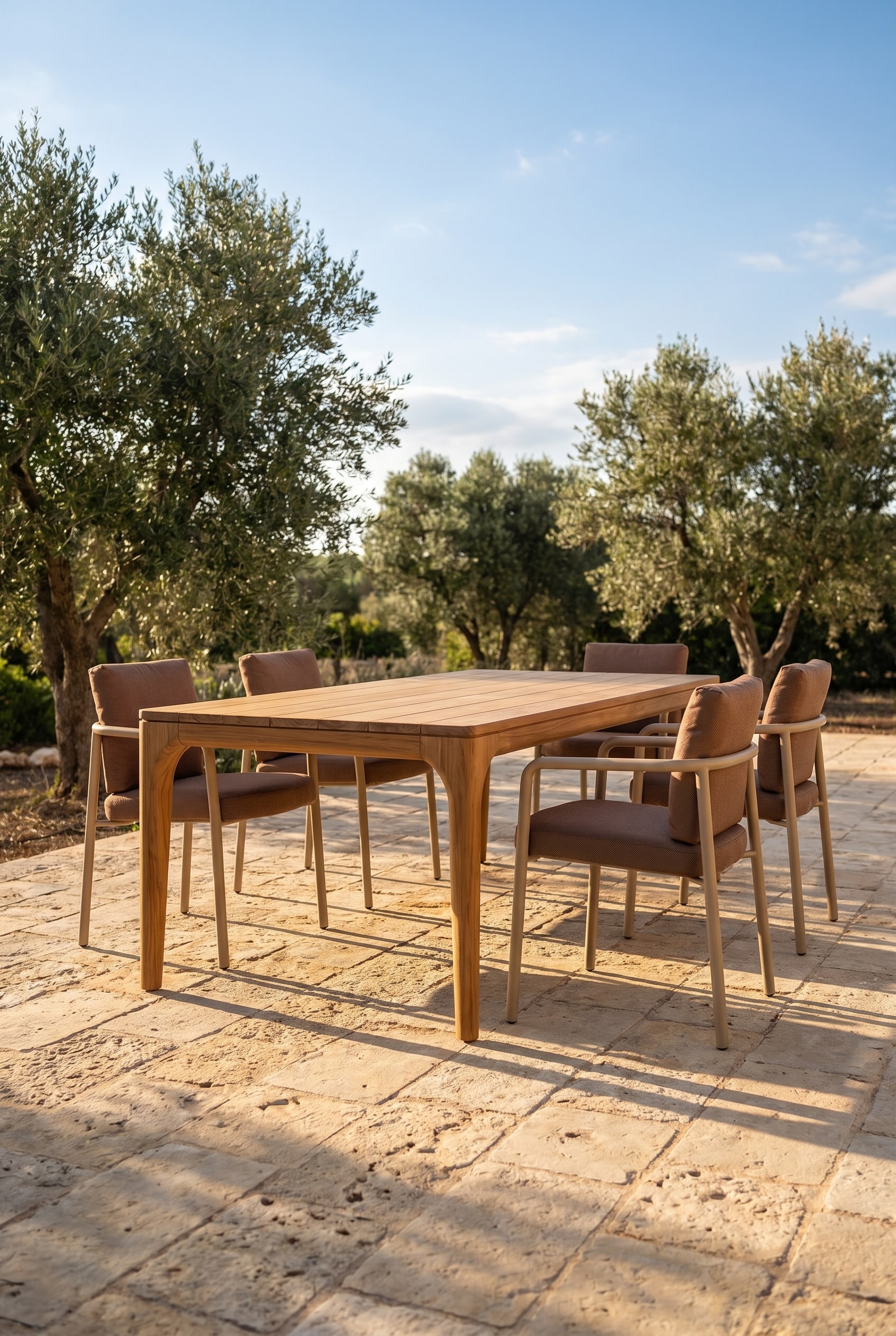 Mediterrane Steinterrasse mit massivem Teakholz-Esstisch und minimalistischen Stahl-Gartenst&uuml;hlen in Beige