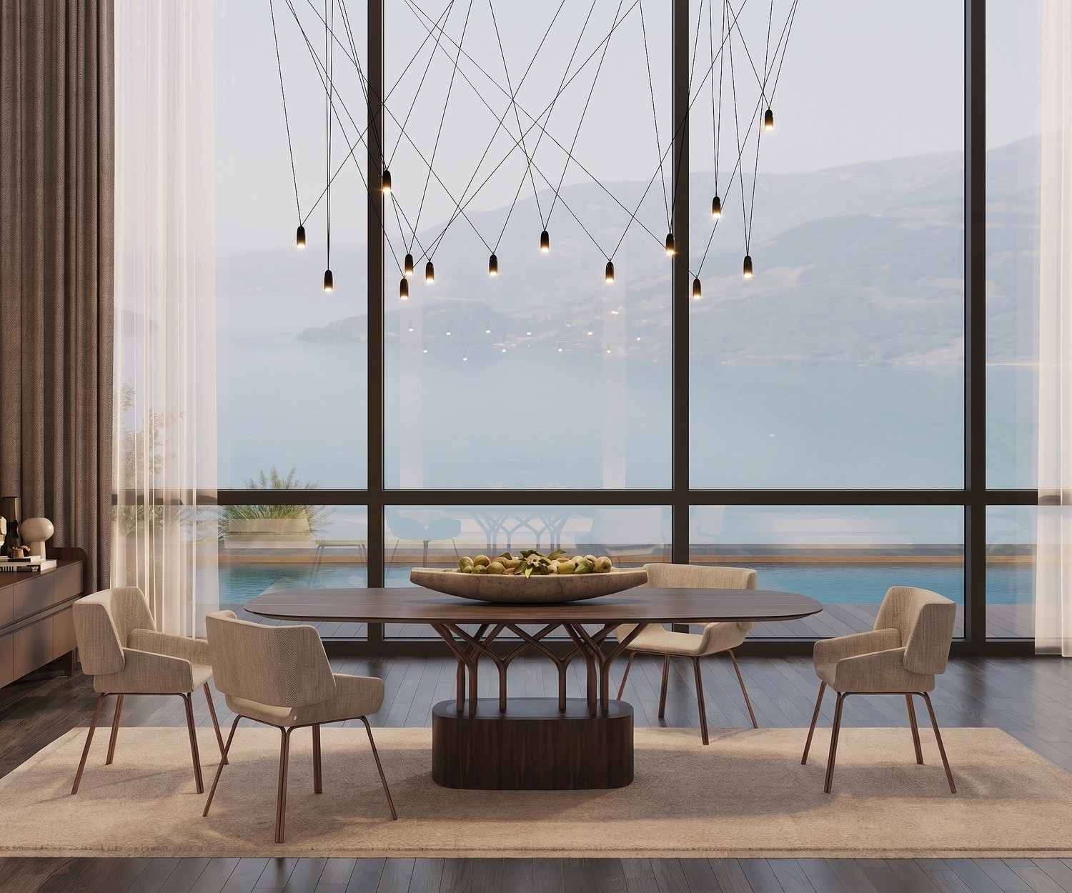 Ovaler al2 wood-oo 001 a Esstisch im modernen Esszimmer, dunkles Holzfurnier mit Baum-Optik-Streben und beigen Polsterstühlen.