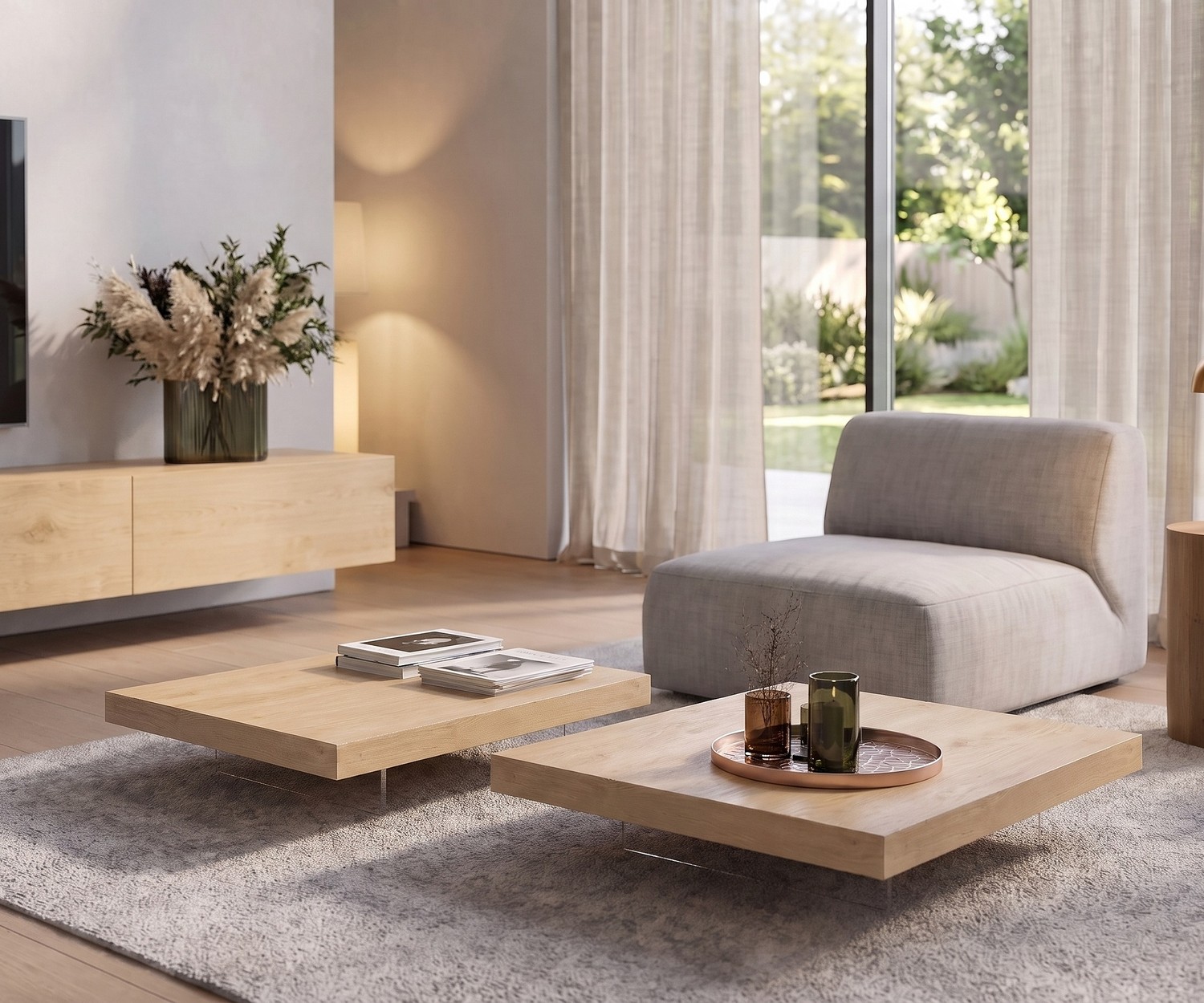 Livitalia Couchtisch Low aus Eiche Livitalia Couchtisch Low flacher Wohnzimmertisch aus hellem Eichenholz im modernen minimalistischen Wohnzimmer.