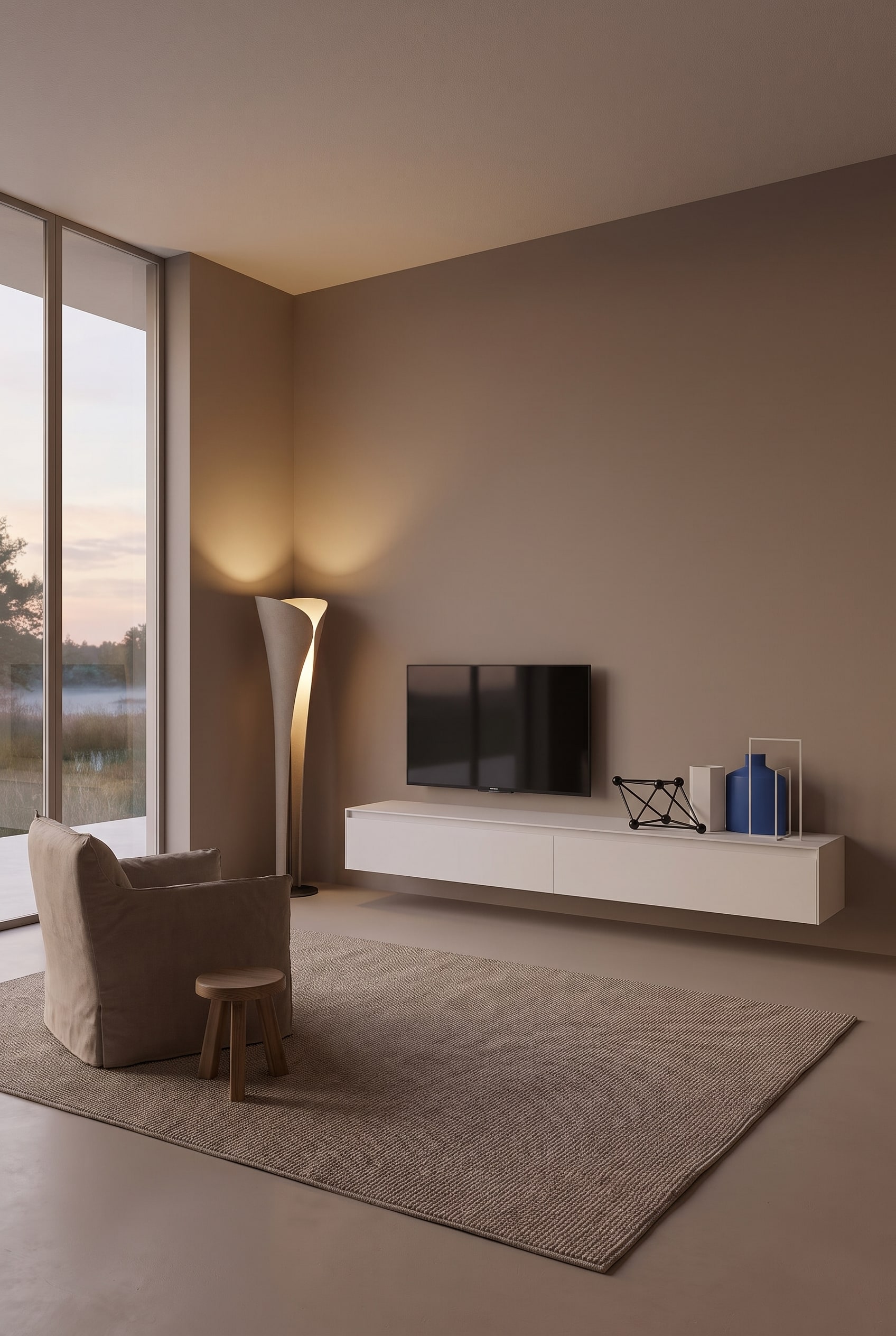 Salon ton sur ton avec un meuble bas sans poign&eacute;e, laqu&eacute; mat en taupe, qui s'int&egrave;gre parfaitement &agrave; la couleur du mur