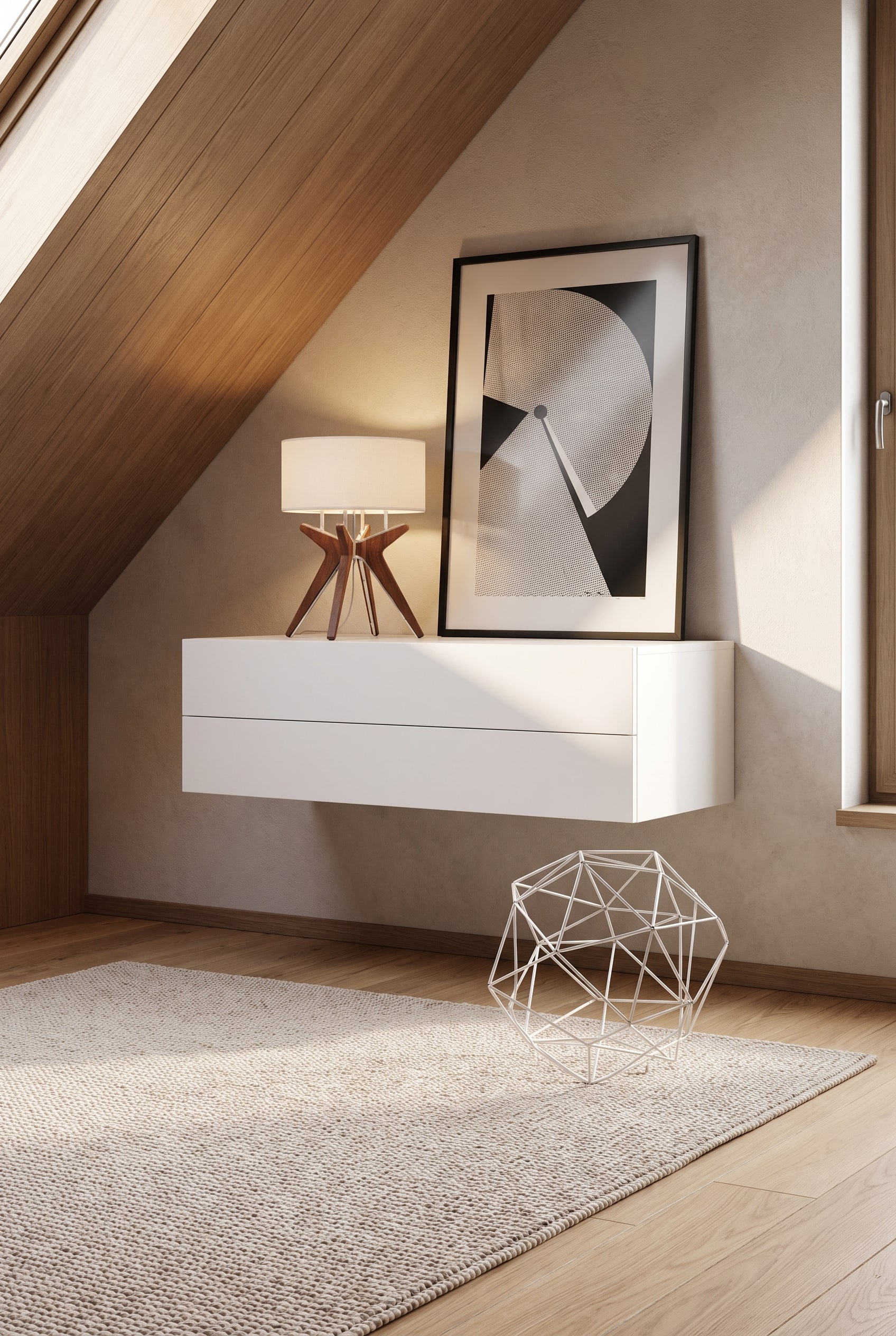 Une commode suspendue Novamobili minimaliste plac&eacute;e contre un mur dans une pi&egrave;ce mansard&eacute;e, cr&eacute;ant une impression d'espace gr&acirc;ce &agrave; la surface au sol d&eacute;gag&eacute;e.
