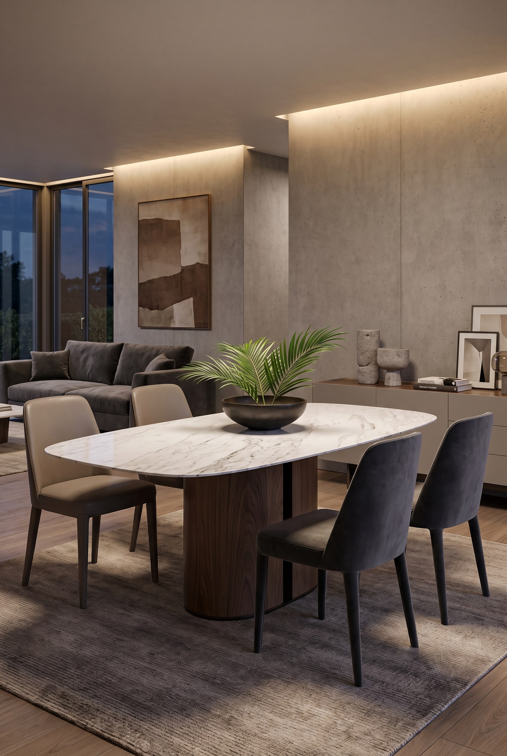 Une table à manger moderne al2 el-it c 001 en bois chaud dans une salle à manger puriste avec des murs en béton apparent