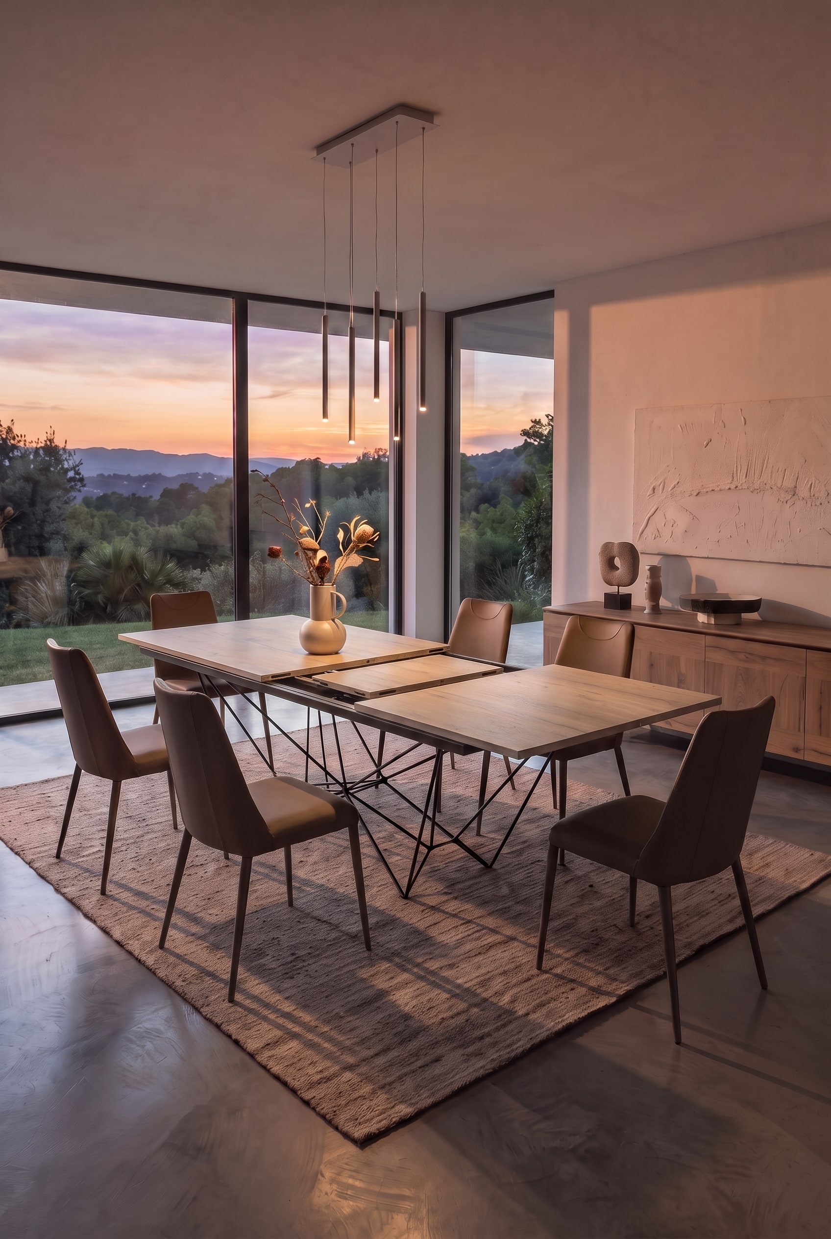 La table à manger Ozzio Fil8 est en train d'être ouverte, les rallonges intérieures deviennent visibles.