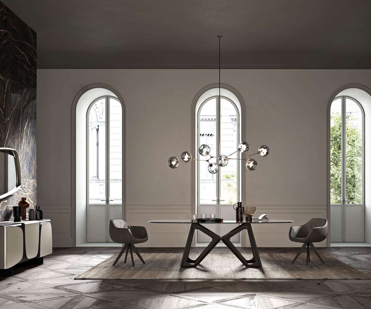 Designer Tisch von Ozzio Papillon im Wohnzimmer mit durchsichtiger Glasplatte Eichen Gestell
