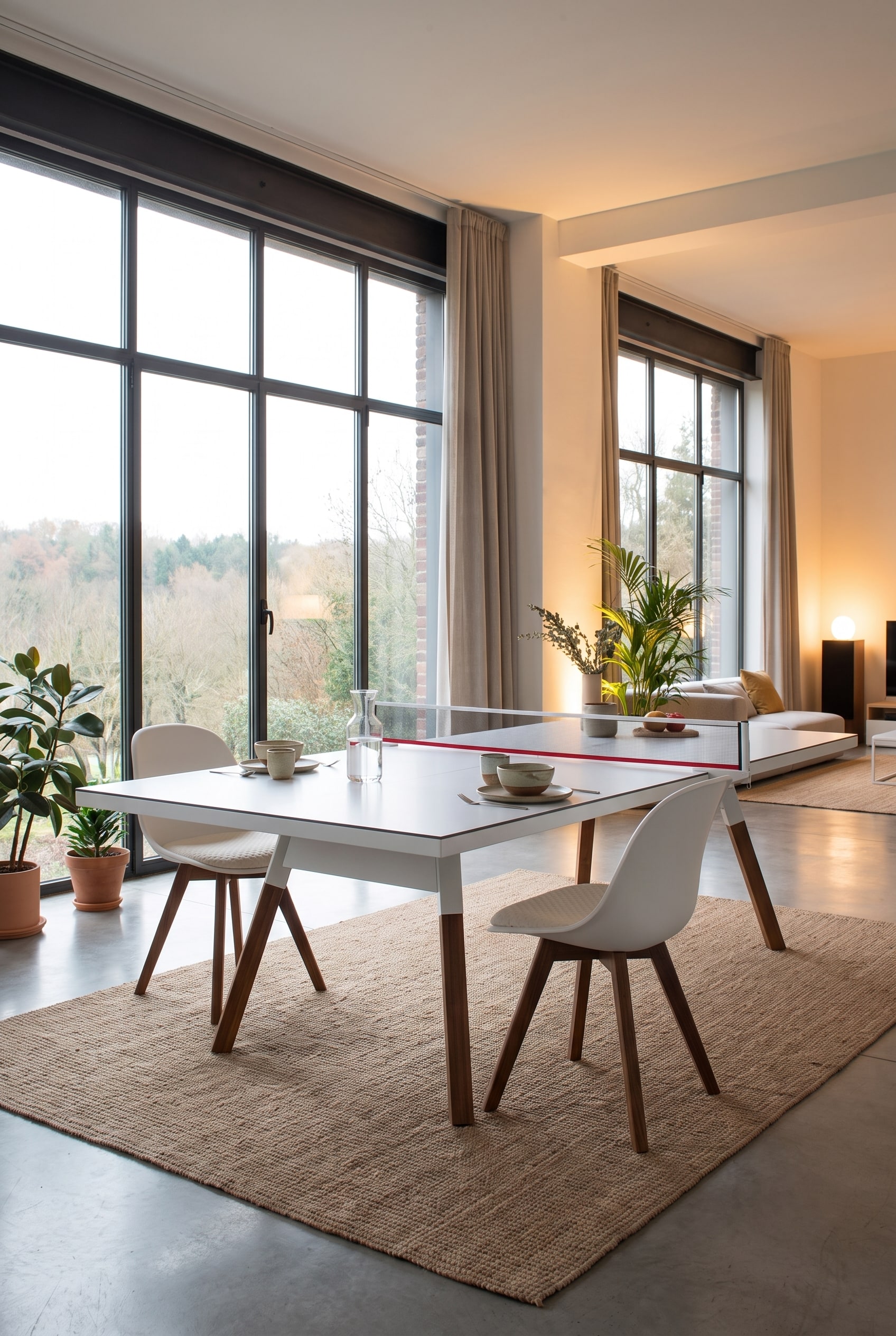 Gro&szlig;es Loft Esszimmer mit wei&szlig;er Tischtennisplatte als Esstisch umfunktioniert, Holzbeine und zwei Design-St&uuml;hle
