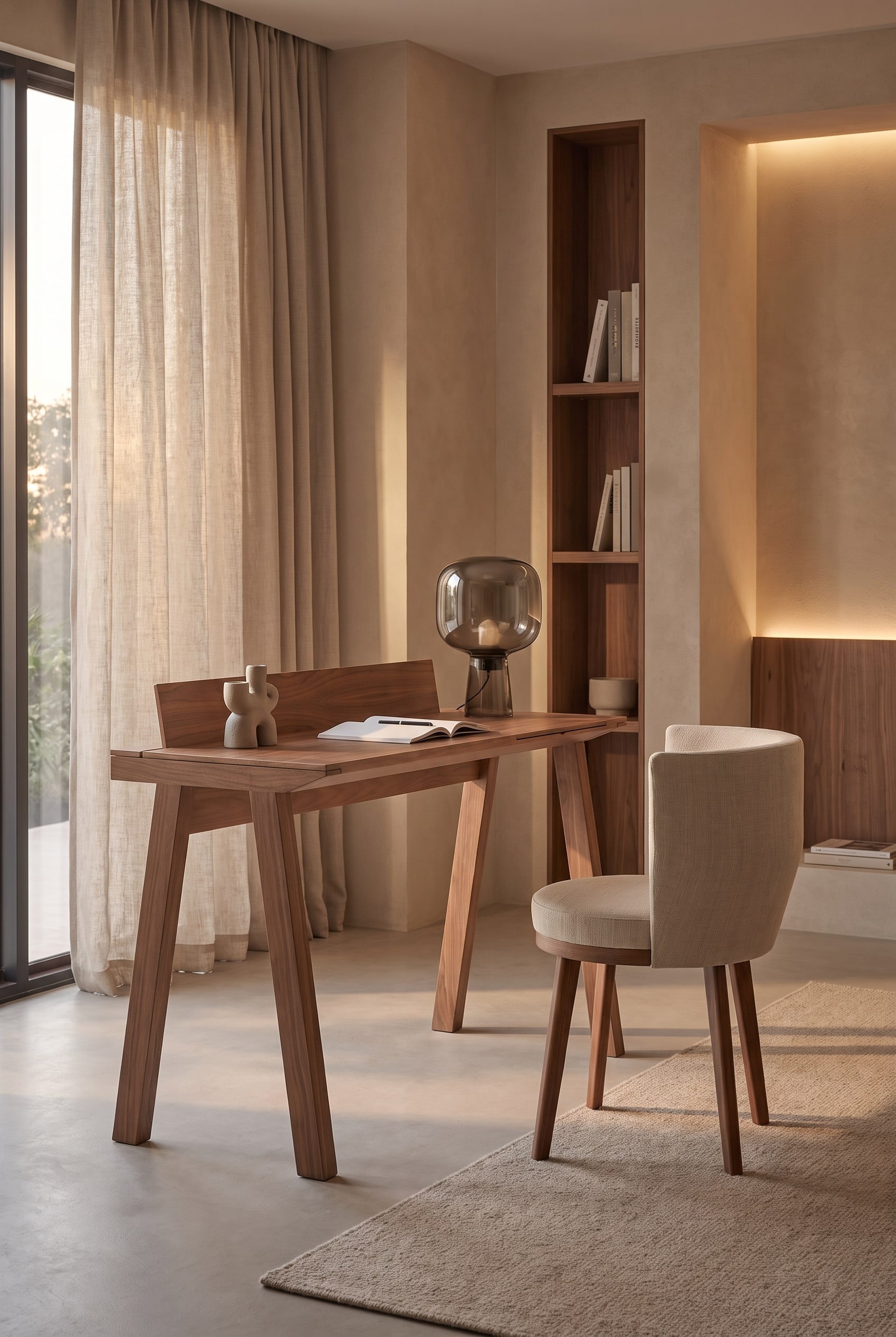 Espace de vie &eacute;l&eacute;gant avec un secr&eacute;taire moderne en noyer &agrave; dossier relev&eacute;, un tabouret rembourr&eacute; et une lampe de table en verre fum&eacute;.