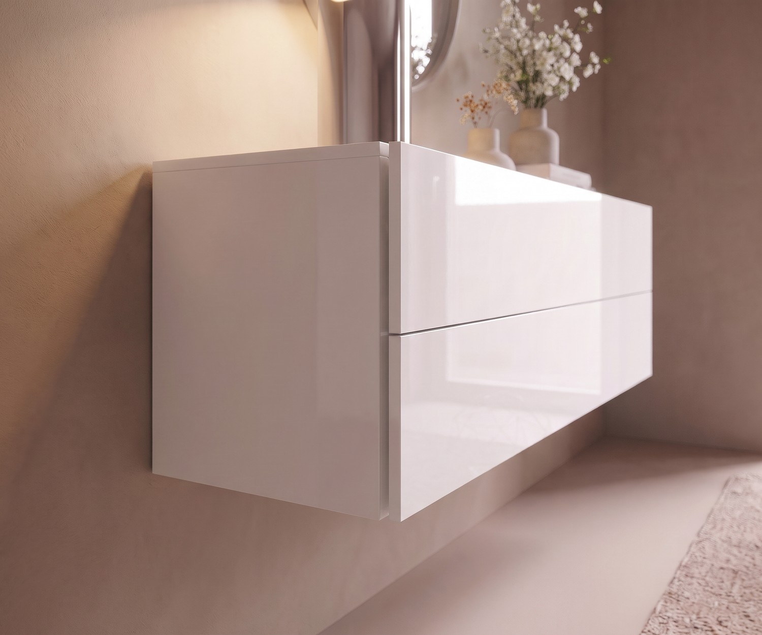 Commode suspendue Easy Novamobili blanc brillant Commode suspendue Novamobili Easy dans une chambre. Commode murale moderne blanc brillant pour un design minimaliste.