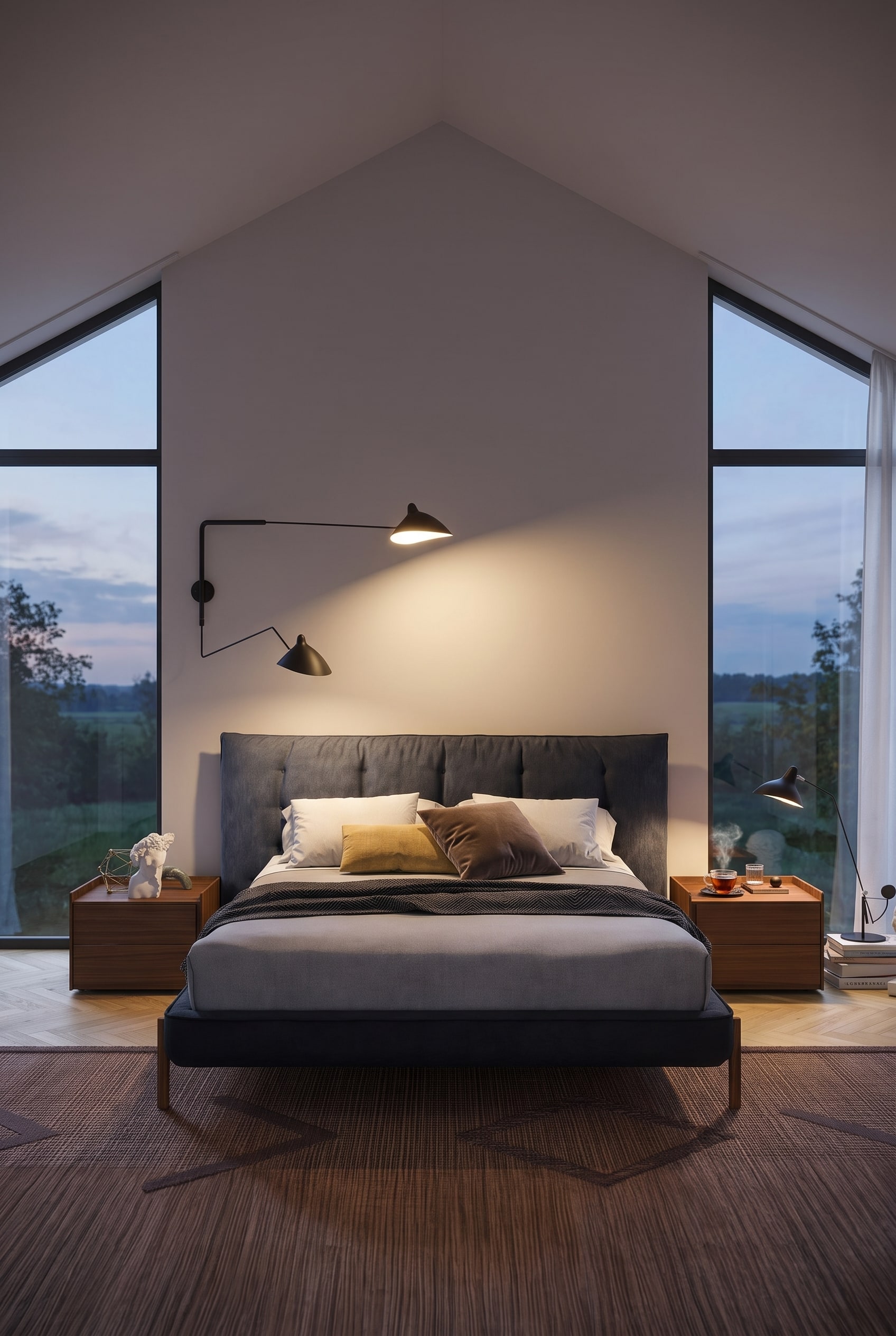 Lit rembourré bleu foncé avec un cadre textile épais dans une chambre mansardée confortable