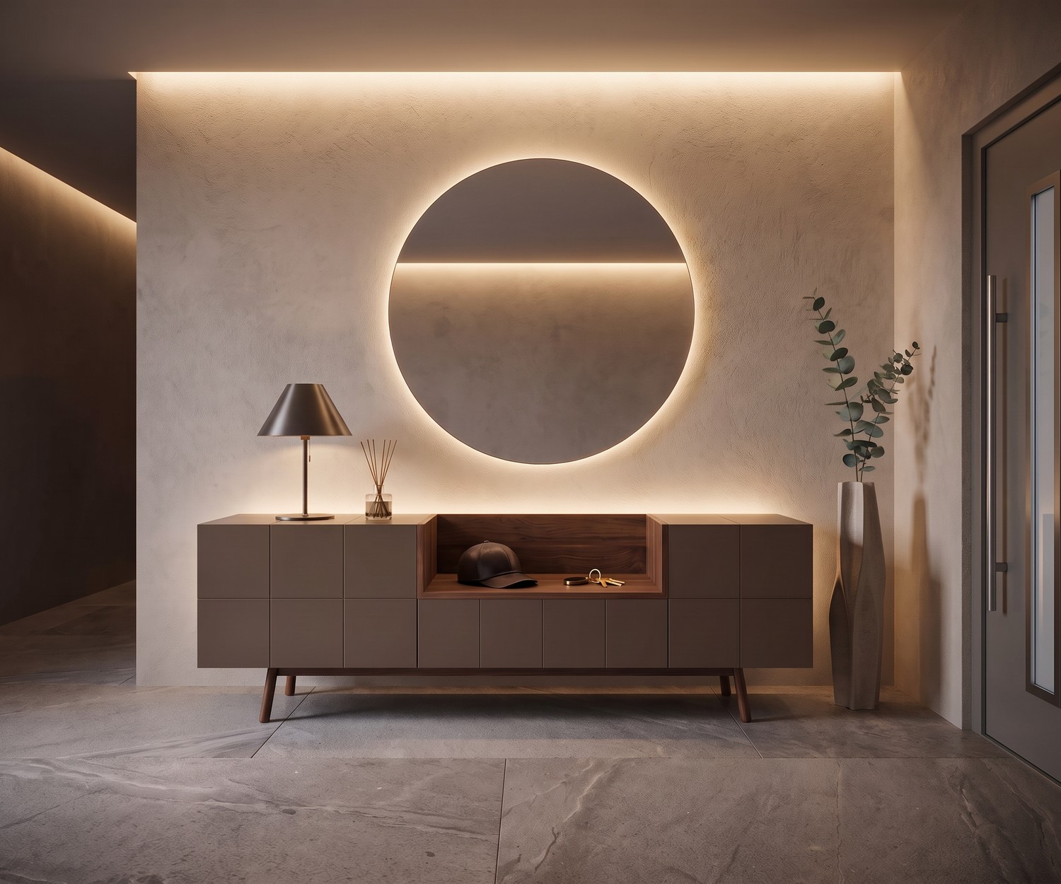 al2 Design Sideboard MOS-I-KO 003 A in Mattbraun al2 Sideboard MOS-I-KO 003 A als Flurkommode, matt braunes Design-Sideboard mit offener Nische, minimalistisch beleuchtet
