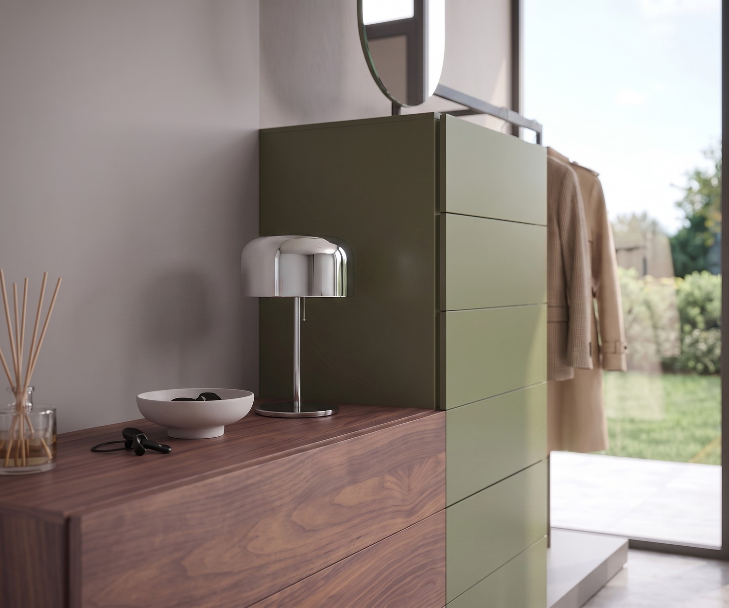 Novamobili Kommode Easy 9 mit Garderobe Novamobili Kommode Easy 9 mit Garderobe im Flur aus Nussbaum und Salbeigrün, modernes modulares Design für Kleidung.