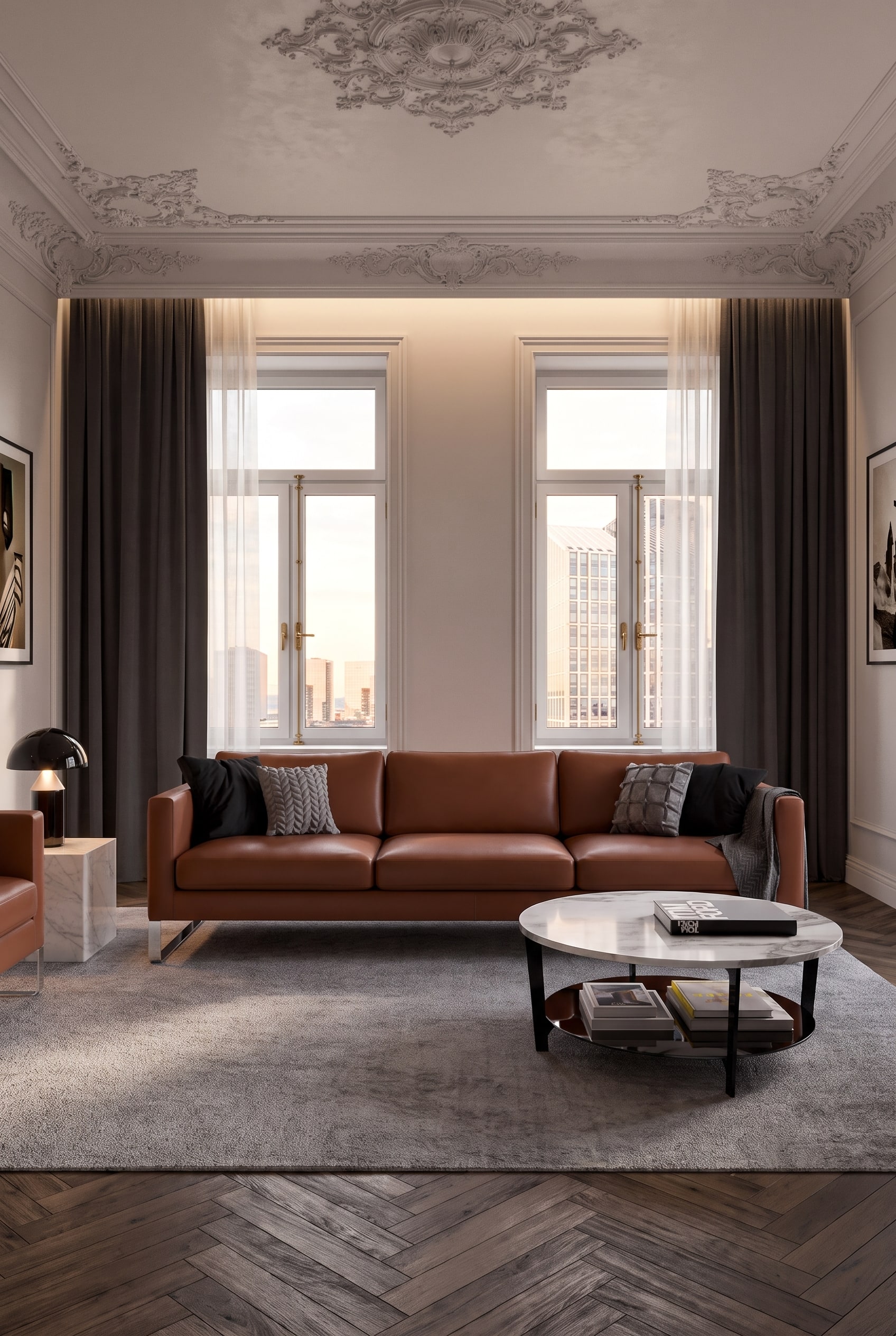 Canapé moderne et épuré Prostoria Cloud dans un élégant salon d'appartement ancien avec parquet en chevrons