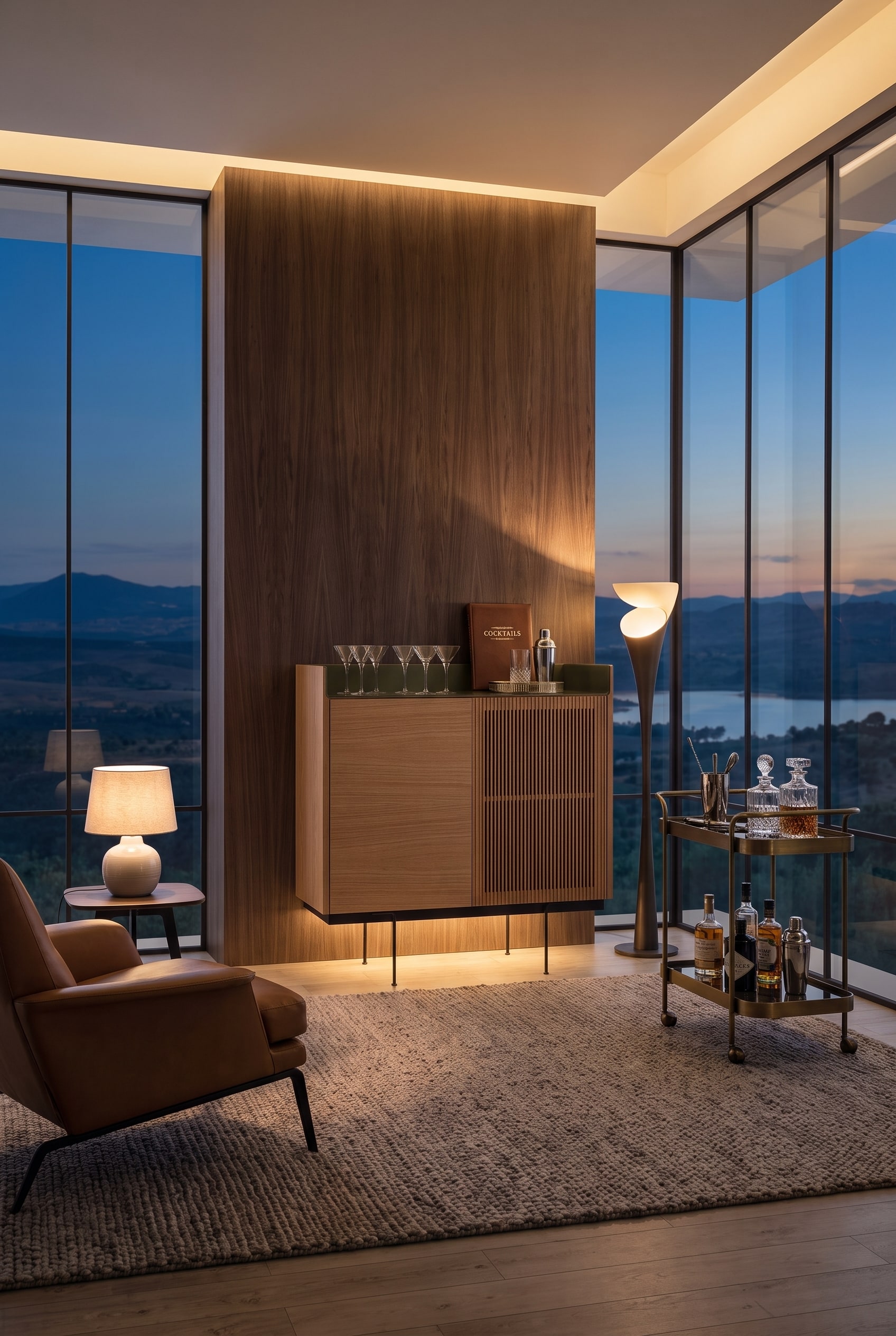 Frontalansicht einer modernen Bar-Ecke im Wohnzimmer mit einem Holz-Highboard, Barwagen und Martinigl&auml;sern vor einem gro&szlig;en Fenster.