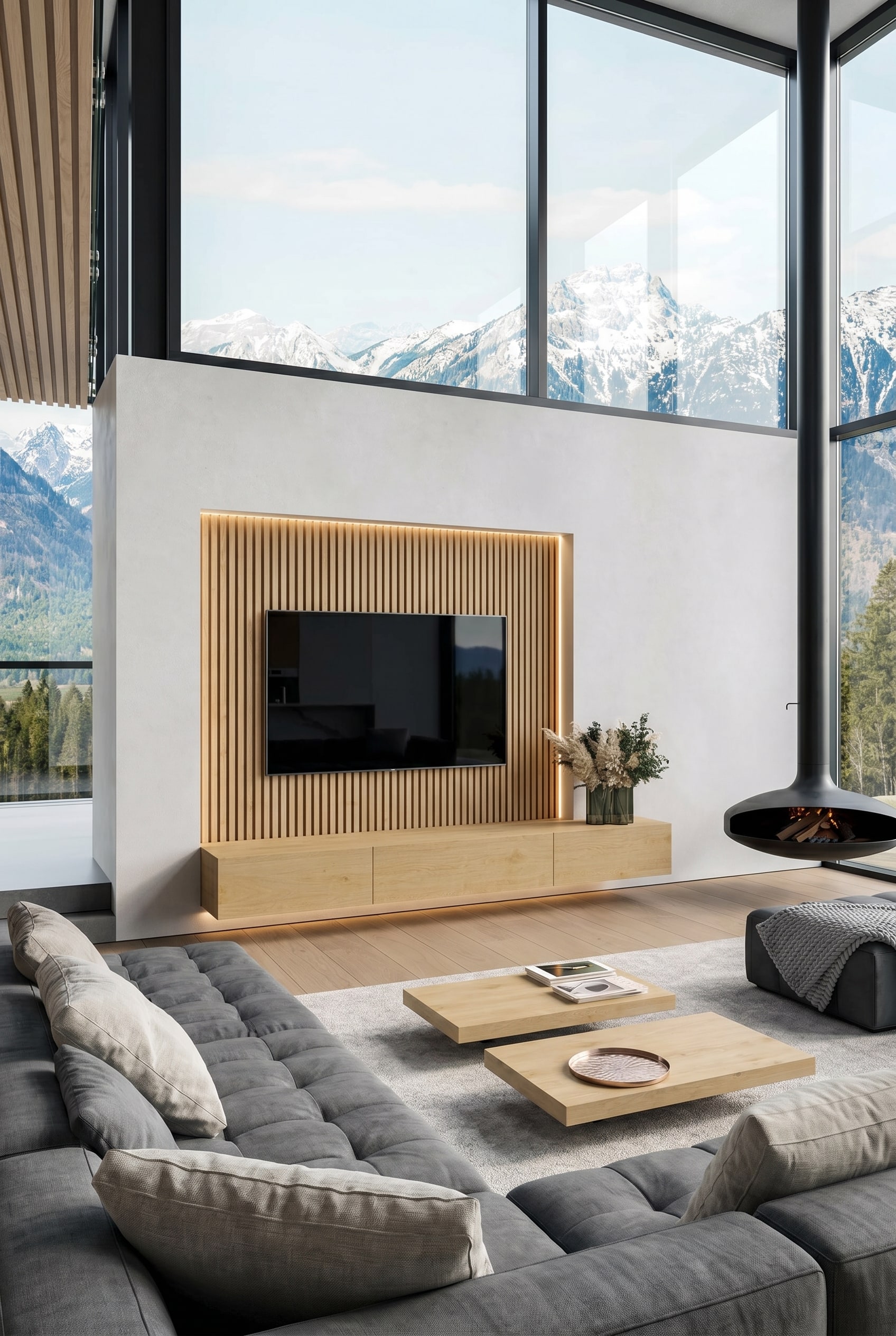 Meuble TV bas en bois naturel avec trois tiroirs devant un mur minimaliste avec joint creux et éclairage LED