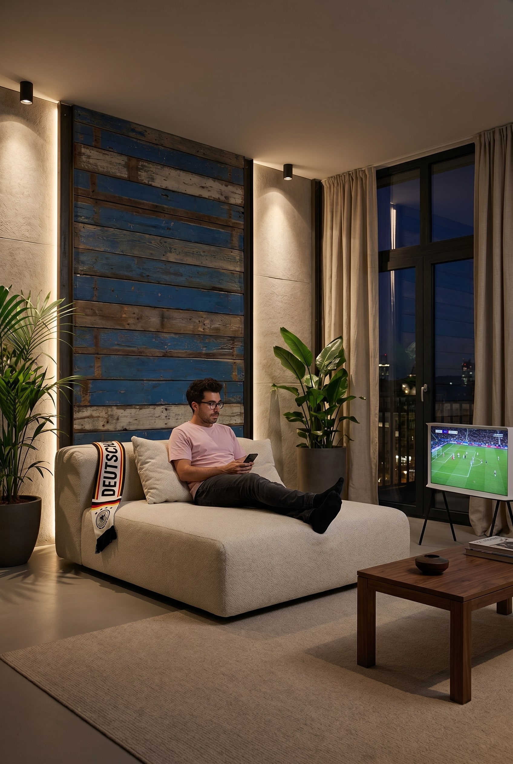Modernes wei&szlig;es Modul-Schlafsofa in einer gro&szlig;z&uuml;gigen Lounge mit industriellen Holzelementen im Hintergrund und einem braunen Holztisch