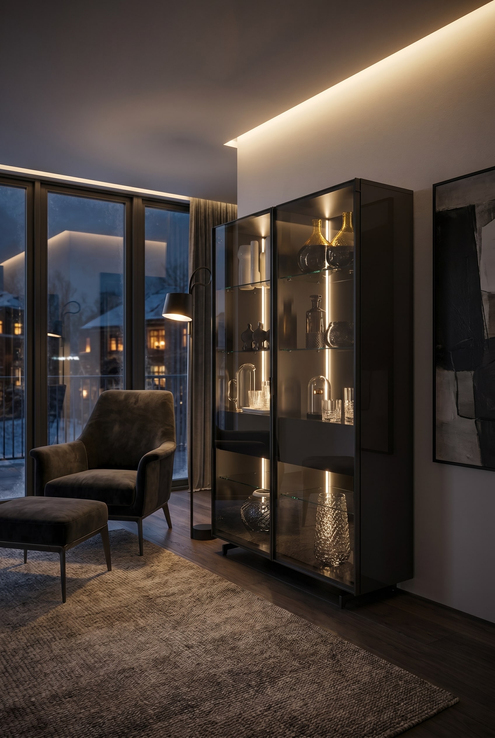Luxuri&ouml;ses Wohnzimmer mit raumhoher, vollverglaster Vitrine aus dunklem Fum&eacute;-Glas, beleuchtet und gef&uuml;llt mit edlen Karaffen