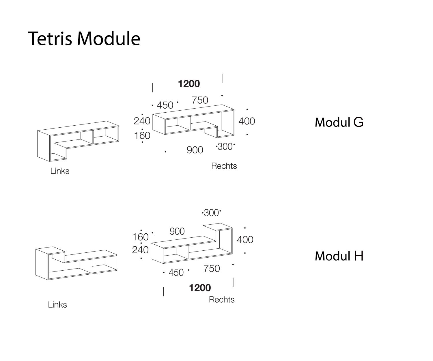 Tétris Designer Étagère Modules G et H Esquisse Dimensions