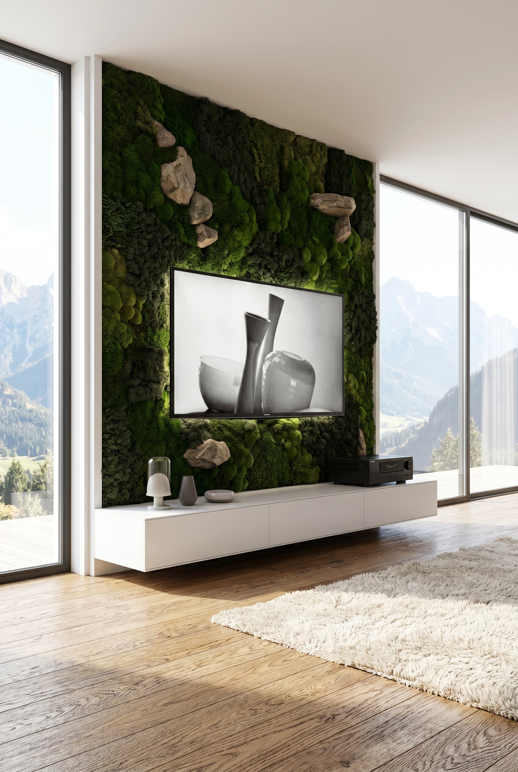 Long meuble bas blanc mat devant une d&eacute;coration murale en mousse et de grandes fen&ecirc;tres avec vue sur la montagne