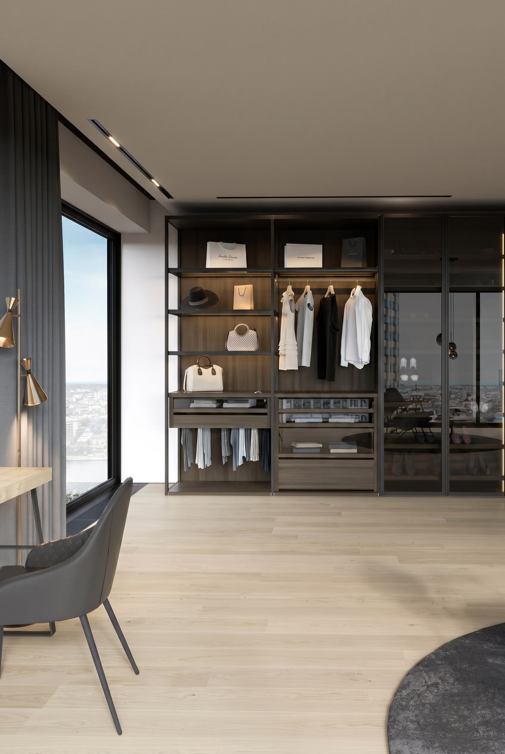 Dressing style boutique avec une paroi d'armoire ouverte, des profilés métalliques sombres, des tringles à vêtements éclairées et des tiroirs bas fermés