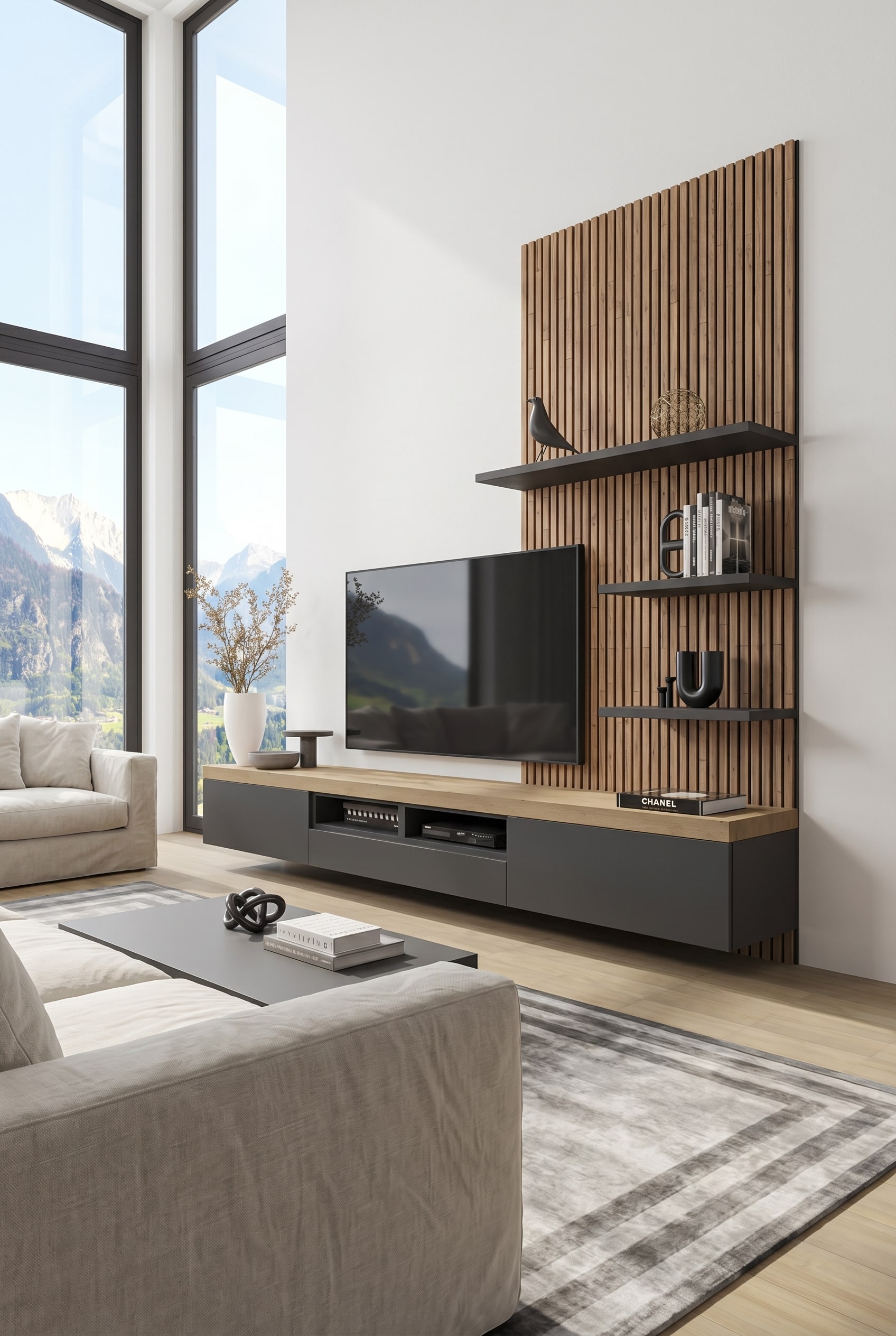 Meuble bas Livitalia C101, qui combine le blanc mat avec une &eacute;l&eacute;gante finition bois