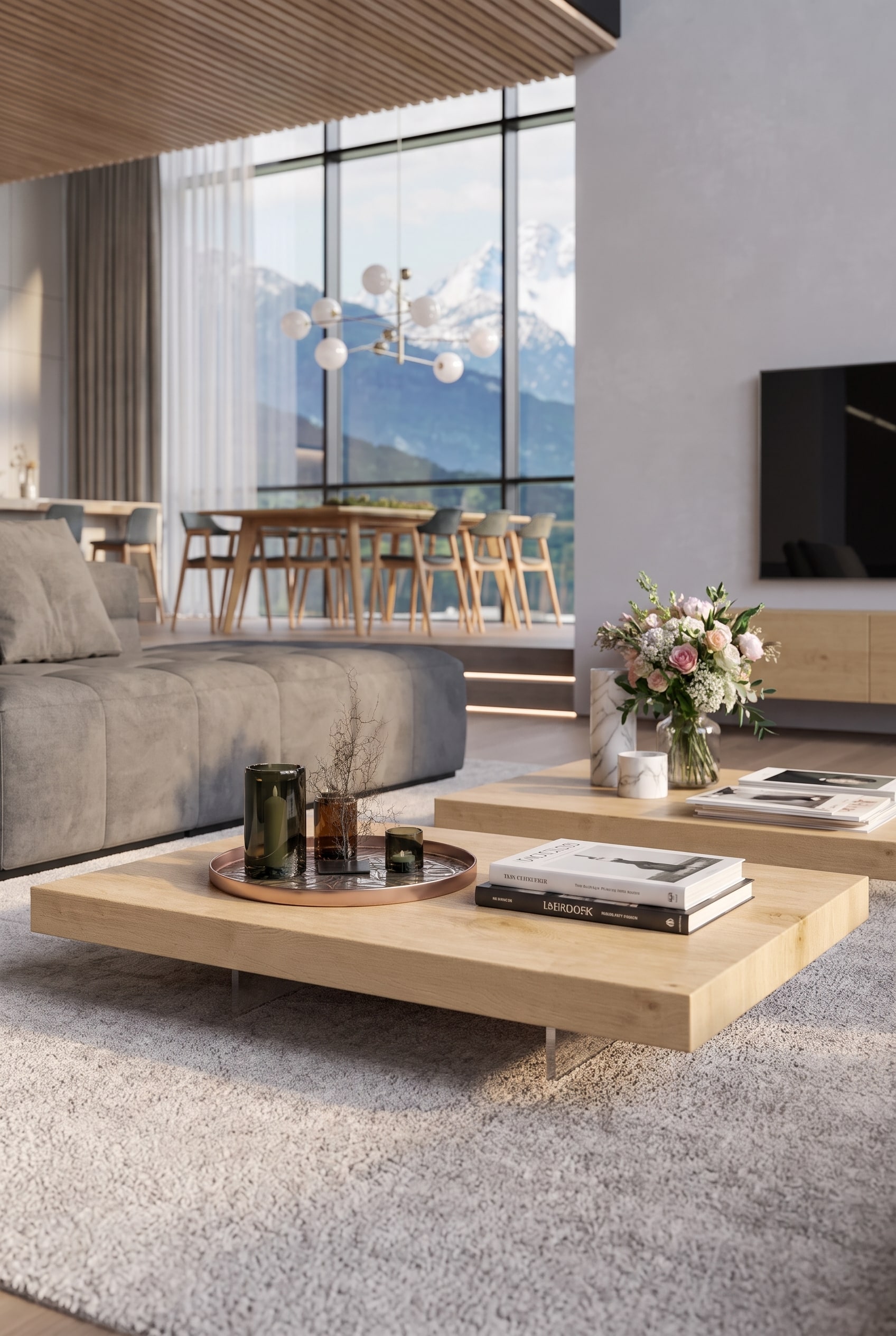 Salon spacieux avec une table basse en chêne très large et basse, qui se dresse massivement devant une grande baie vitrée.