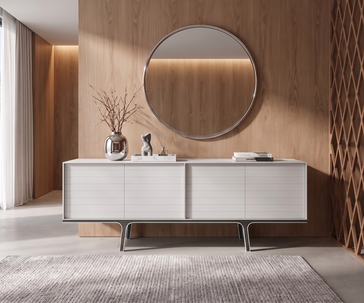 Buffet design blanc mat al2 Mobius 002 Buffet design Mobius 002 par al2 dans un salon. Enfilade blanche mate moderne devant un mur en bois avec grand miroir.