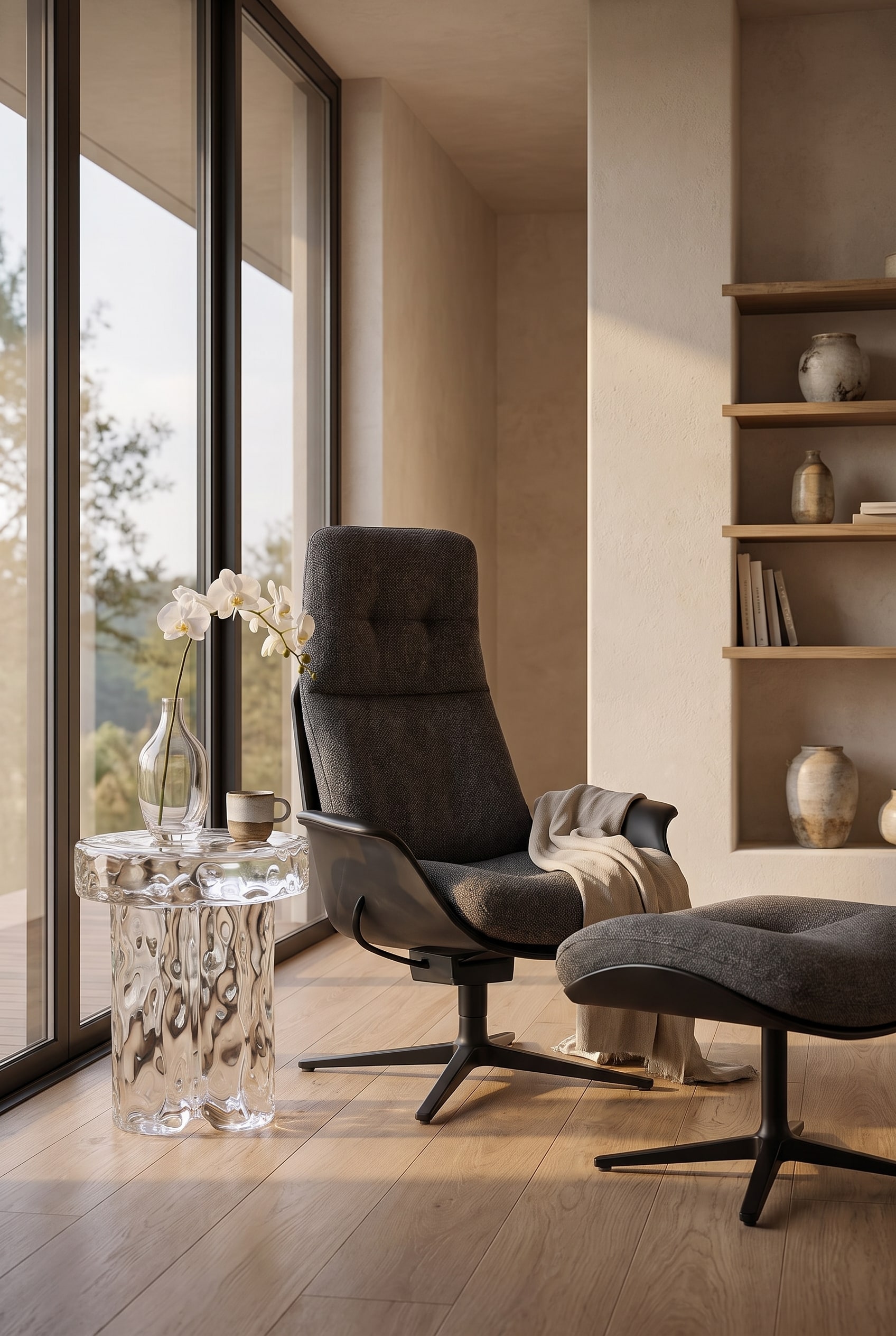 Wohnzimmer-Ecke mit einem umschlie&szlig;enden, hochlehnigen Sessel aus dunkelgrauem Stoff und gro&szlig;en Bodentiefen Fenstern