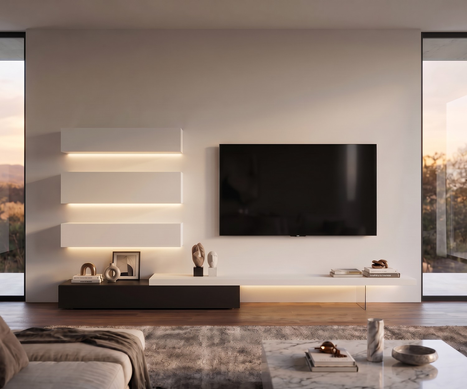 Ensemble mural Livitalia C107 avec éclairage LED et meuble TV lowboard. Design minimaliste noir et blanc pour salon.
