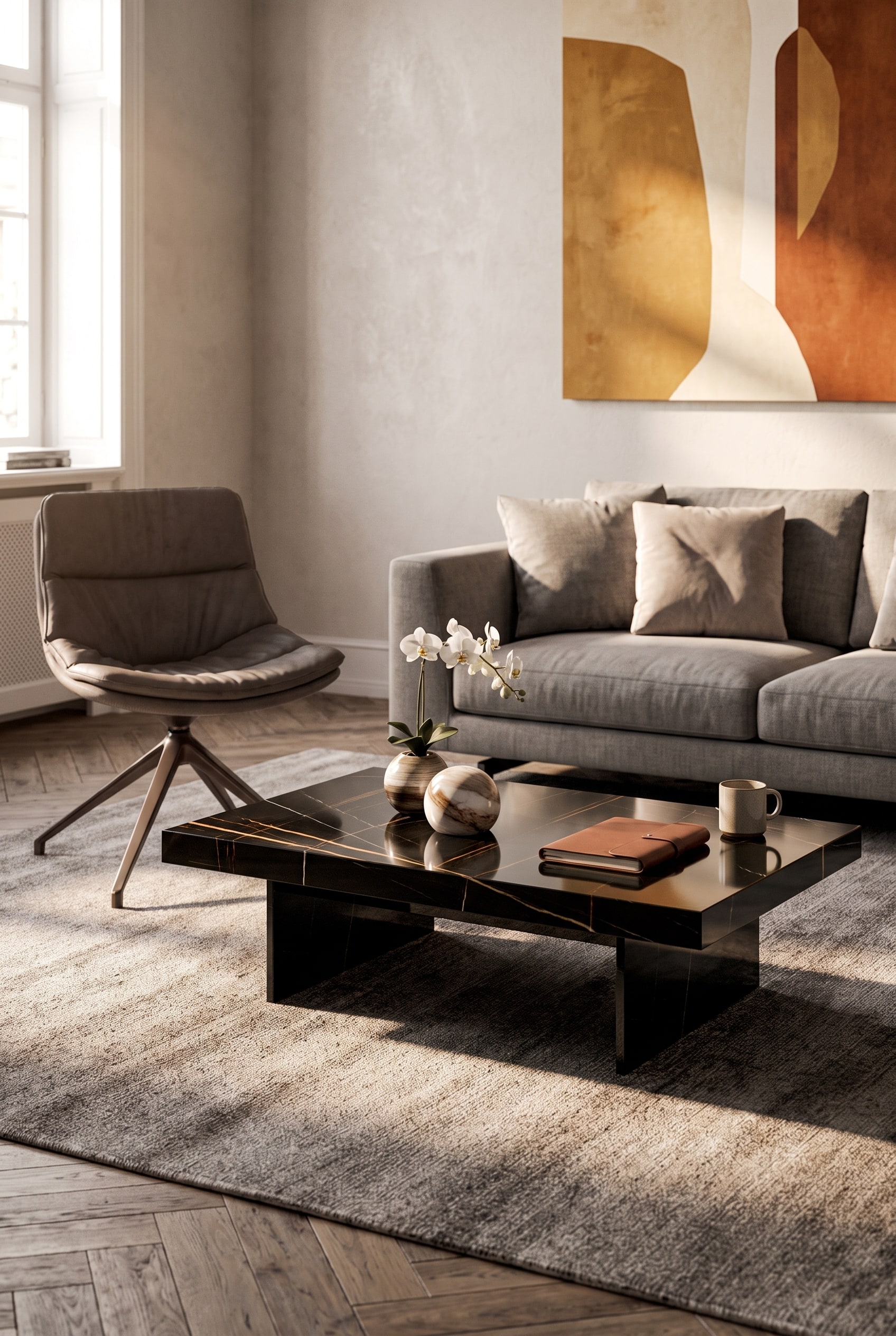 Table basse Ozzio Bellagio avec plateau en céramique dans un salon moderne, dont la surface est facile à nettoyer d'un coup de chiffon