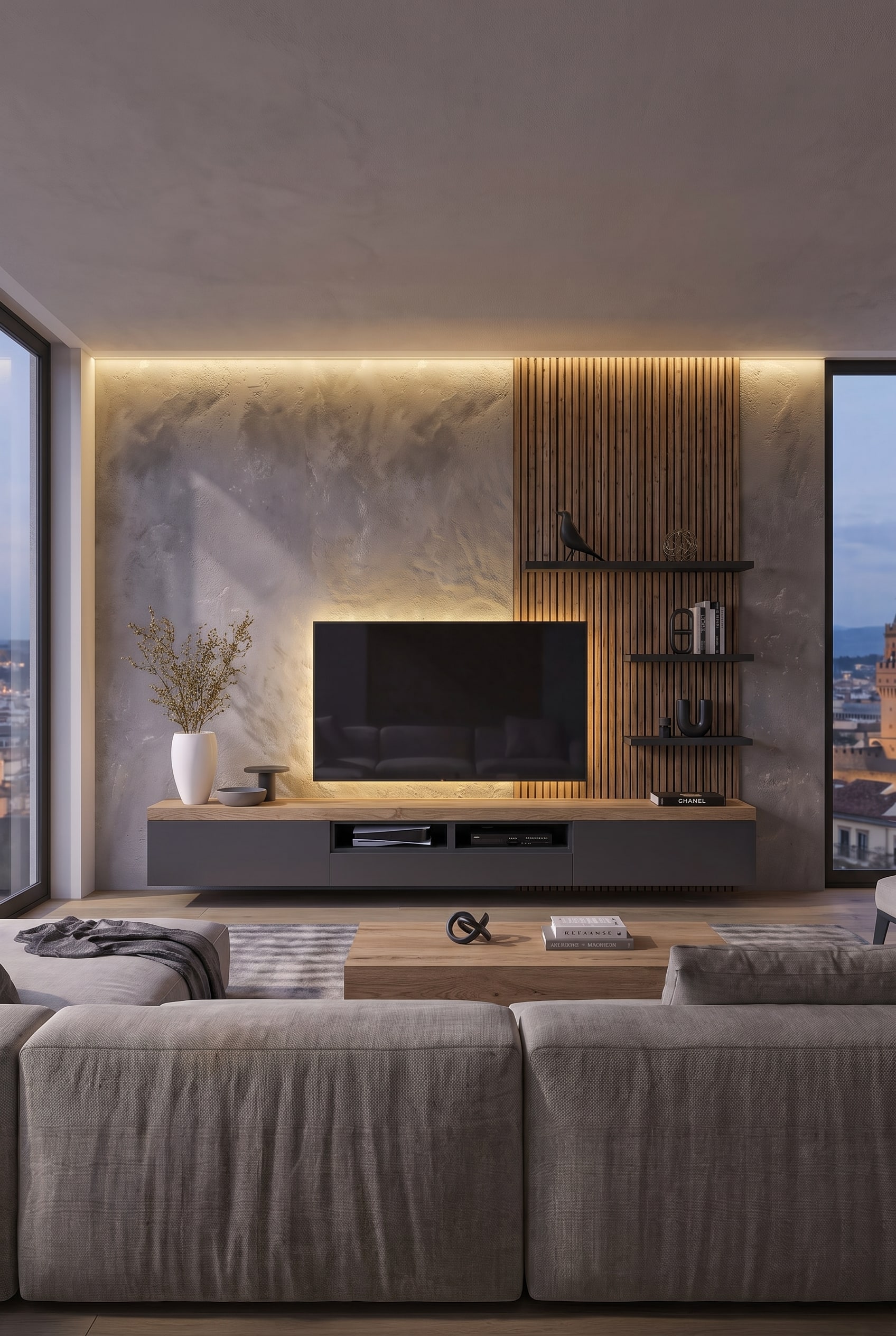 Salon moderne avec le meuble bas suspendu Livitalia C101 en gris anthracite et chêne