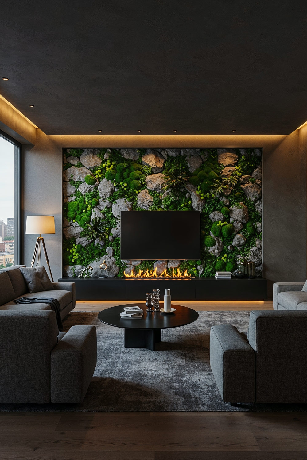 modernes-wohnzimmer-in-grau-und-schwarz-mit-grossen-ecksofas-vor-einer-stein-und-pflanzen-tv-wand